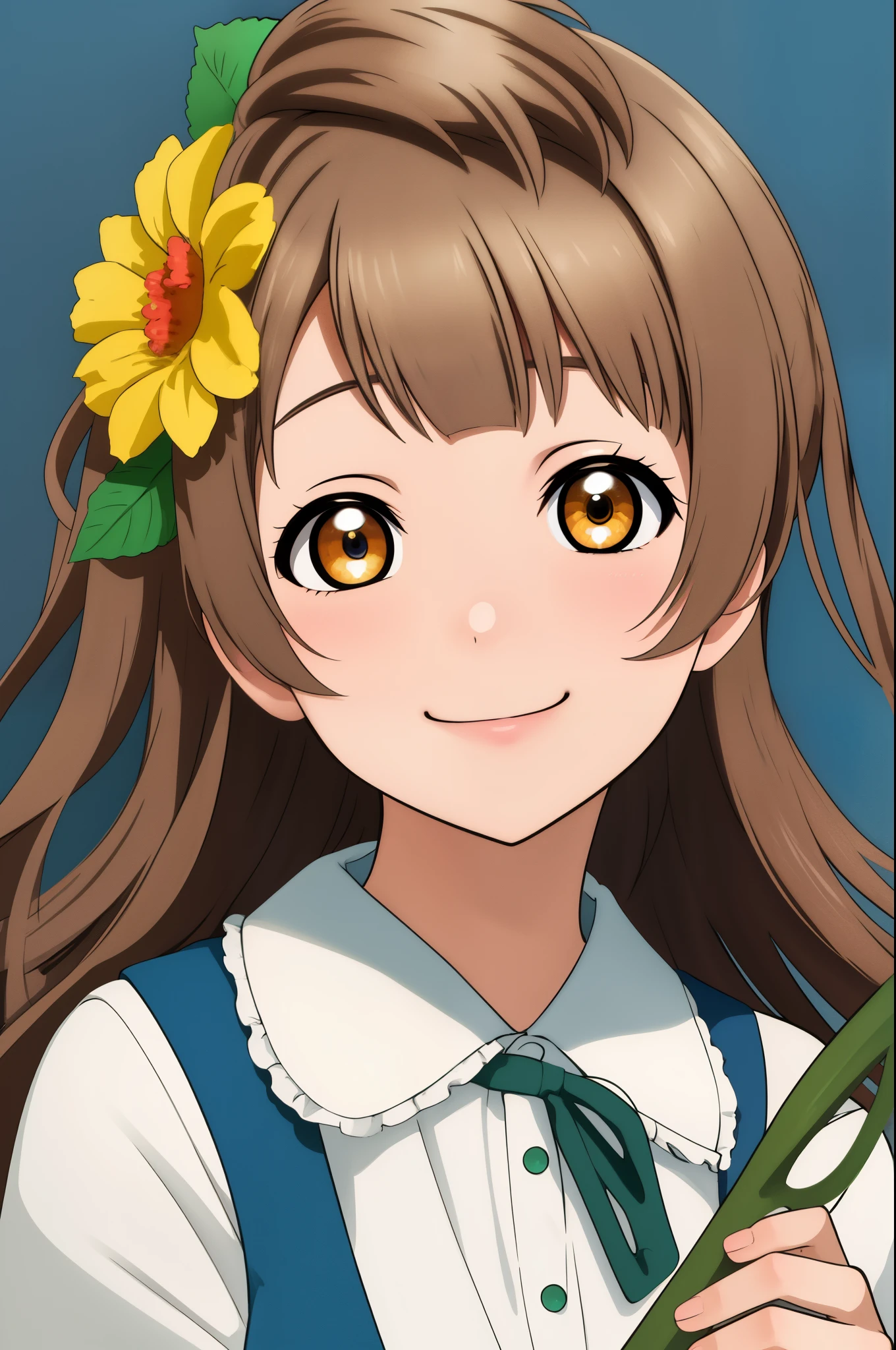 Masterpiece, best quality, (detailed face),solo, minami kotori, smile, holding flower, upper_body, flower, closed mouth 