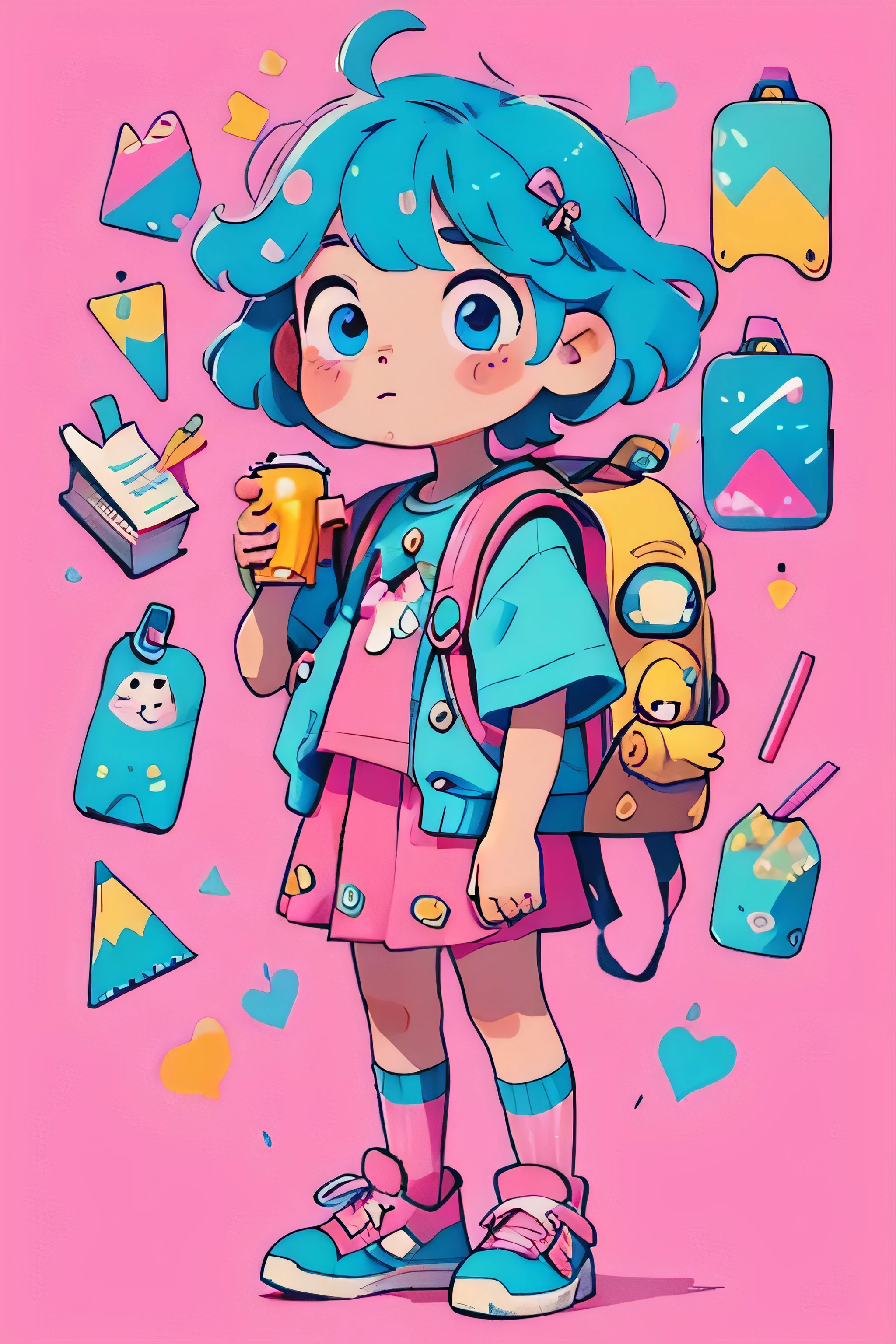 1 sticker, 1 girl, short pink and blue hair, design on her kawaii t-shirt, a kawaii backpack with many keychains and decorations, wears a school skirt, has a book and a soda in her hands, school supplies, HD quality