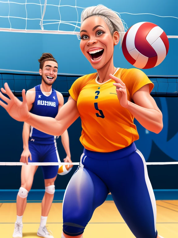((digital drawing)),((4k)),((JIM EIDOMODE)), Caricature of the Girl playing Volleyball with the Groom's head