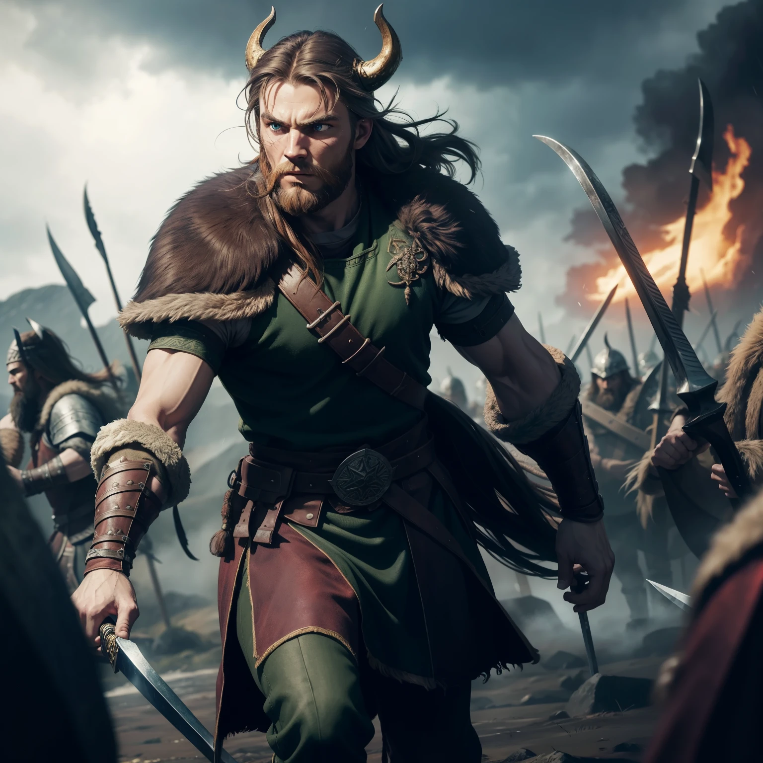 Battleground filled with wild Vikings, chaotic clash of shields and swords clashing, ultra high res, ultra detailed faces and eyes, photorealistic:1.4, blurry background, large group of solo:1.5 warriors, long beards and horned helmets:1.3, wrapped in animal hides and furs:1.3, intense expressions of focus and determination, fierce battle cries echoing, vibrant colors of red, blue, and green in the Nordic landscape, misty rain adding to the intricate, 8k, HDR, cinematic lighting, sharp focus.