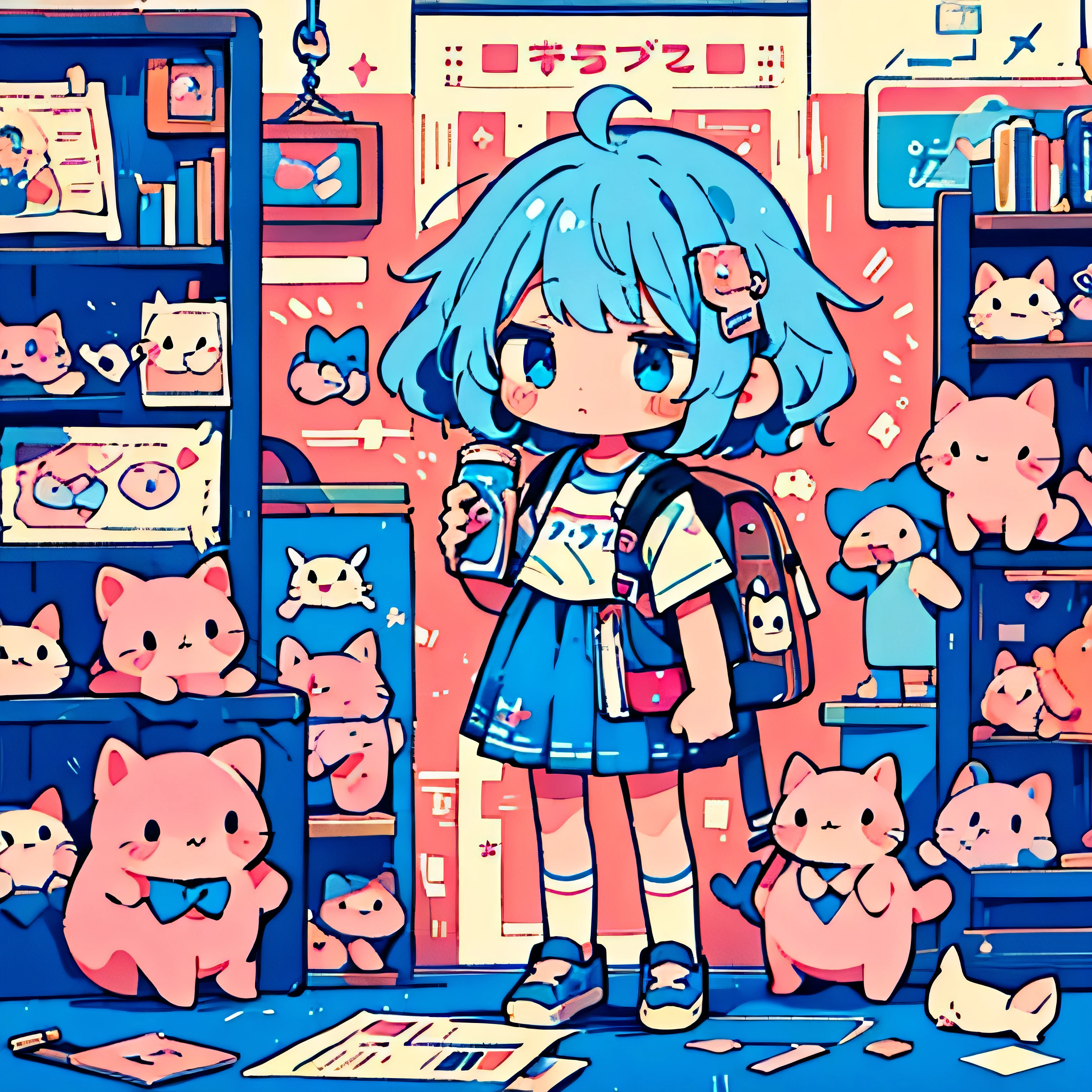 1 girl, short pink and blue hair, design on her t-shirt with kawaii, stickers on her face, a kawaii backpack with many keychains and decorations, wears a school skirt, has a book and a soda in her hands, is in a bookstore with many floors ,masterpiece, top-quality, Top image quality