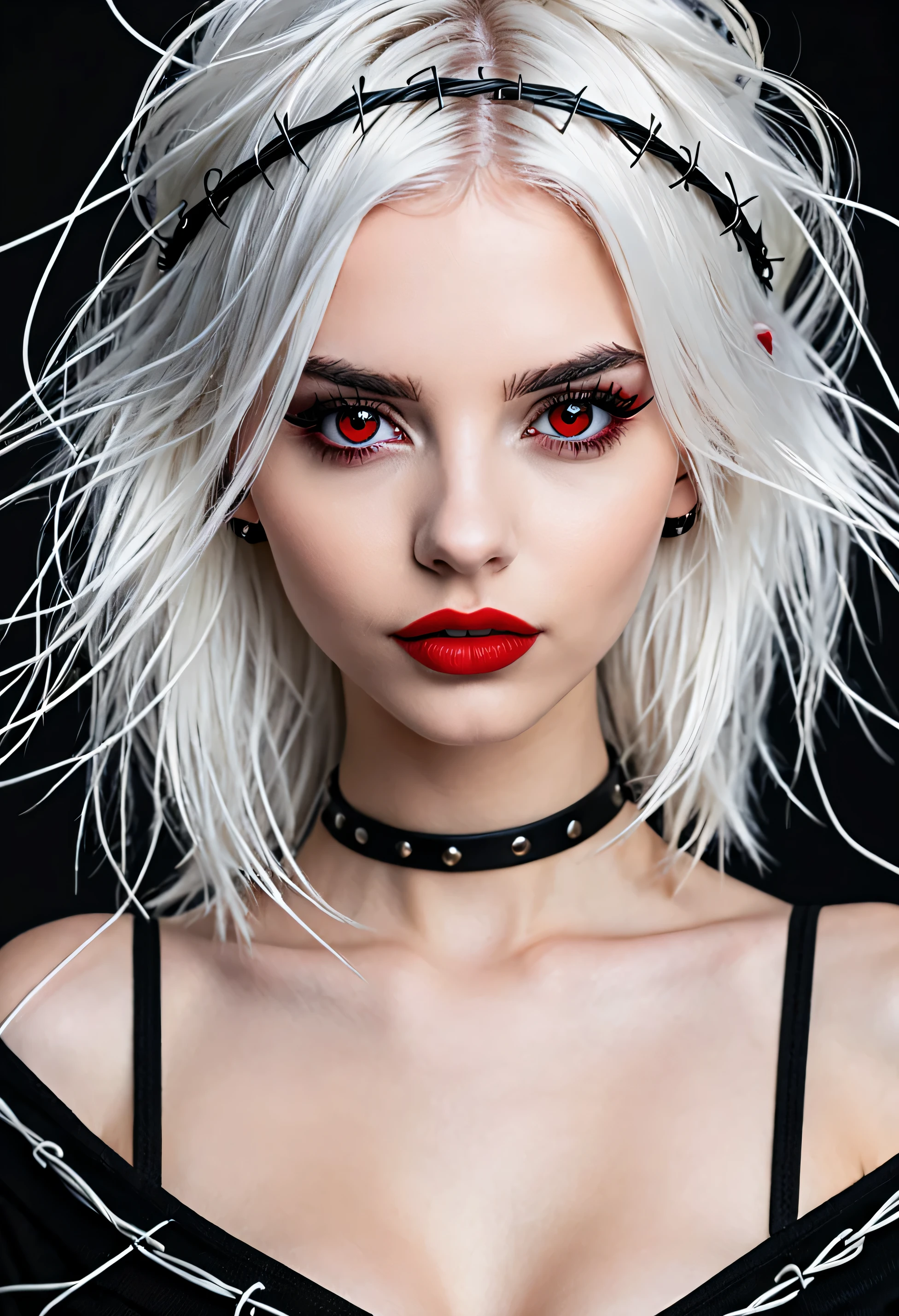 Beautiful young white-haired girl with piercing red eyes, half smile with full lips, black nails, barbed wires everywhere(coiled black barbed wires)