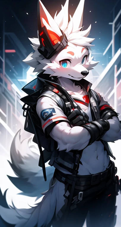 The personification of cyberpunk,Epcot,Tech style,person only,White body,white ears,red hair,overall white,blue eyes,wolf tail,orc wolf,young,Wear a short-sleeved shirt.,The screen is extremely sharp.,Soft noodles