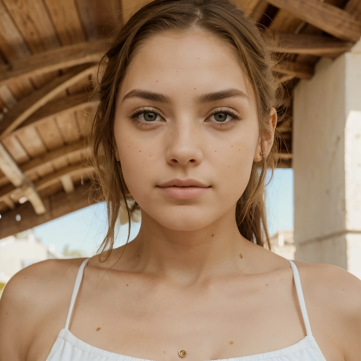 Chica de piel blanca,ojos verdes,cara simetrica,pecas y pelo marron largo ondulado