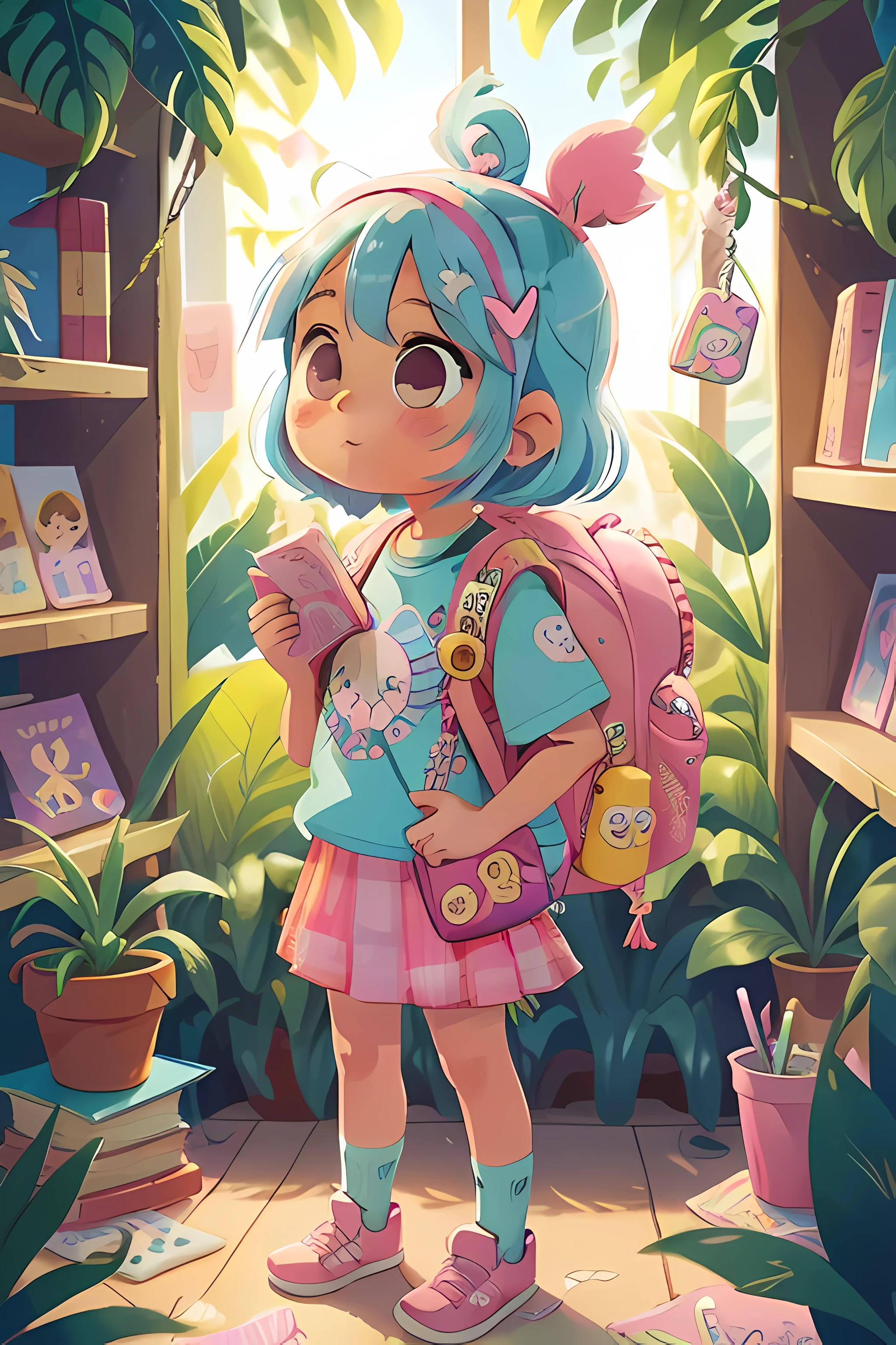 1 sticker, 1 girl, short pink and blue hair, design on her kawaii t-shirt, a kawaii backpack with many keychains and decorations, she wears a school skirt, she has a book and a soda in her hands, she is in a bookstore with many plants