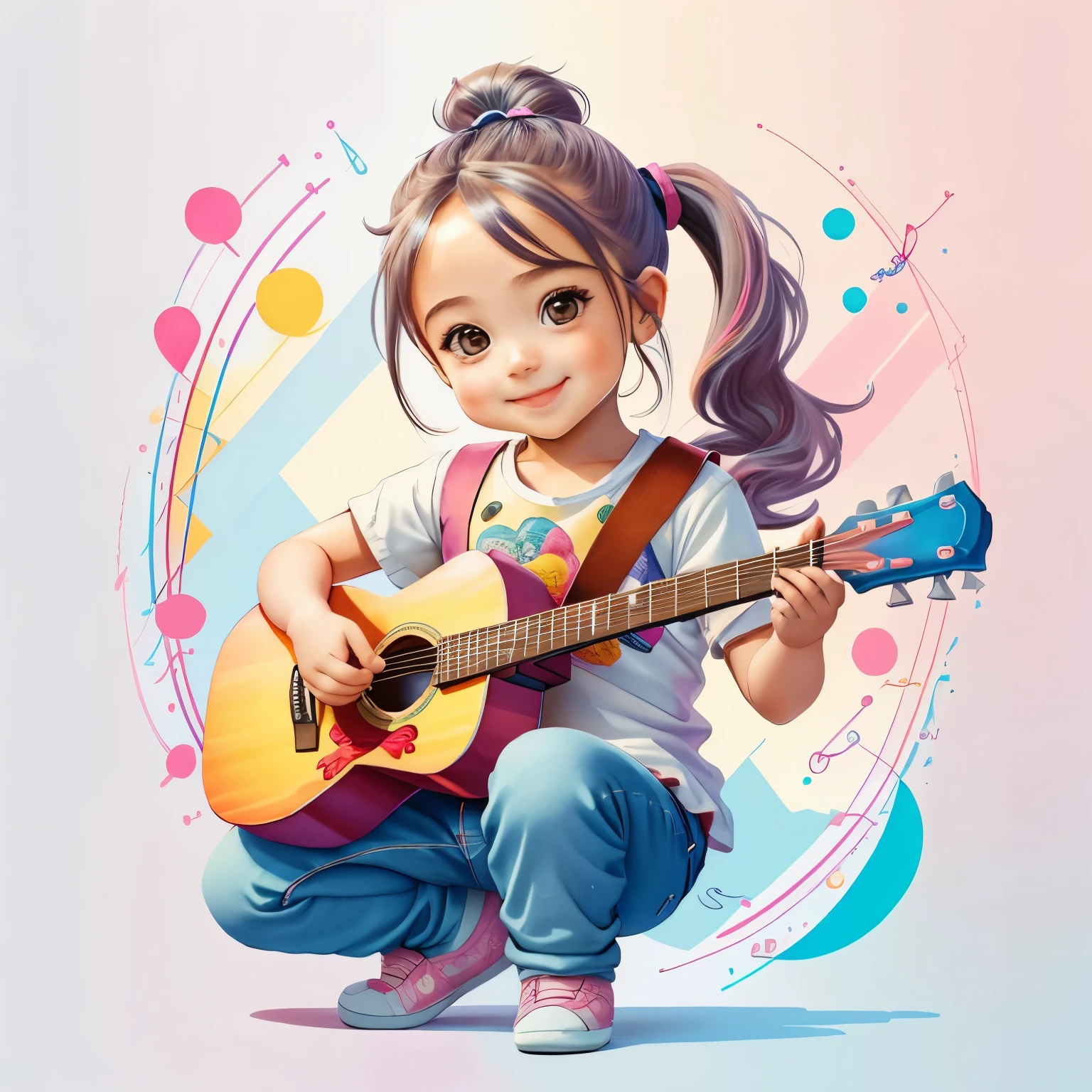 (cute baby girl smiling with jeans and ponytails playing a guitar), Munchkin ,Geometric multidimensional wall portrait, livro de arte, Tchibi,
Yang08k, Beautiful, Colouring,
Obras, of the highest quality, best quality, Arte Oficial, Beautiful and Aesthetic,