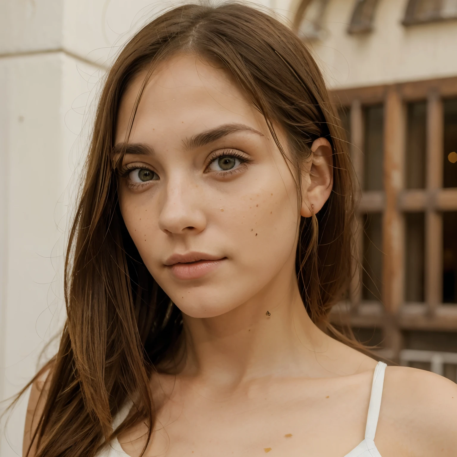 Chica de piel blanca,ojos verdes,cara simetrica,pecas y pelo marron largo ondulado