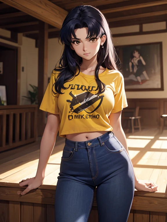 NSFW,1 mujer, atuendo: Camiseta sin mangas, (((tapa amarilla))), (((Jeans cortos))), ojos negros, cabello purpura, pelo medio, constituir, collar, alto, Cuerpo delgado, Misato Katsuragi (CON), (((Misato Katsuragi))), adentro, sala de estar, (((Vista frontal))), mirando al espectador, bonitos muslos, cara perfectamente detallada, manos y dedos perfectamente detallados, Obra maestra 1.1, tendencia en artstation, calidad pixiv, (((arte de cjin))), intrincadamente detallado, ultra gráfica, NSFW version, (((mqmf 1.1))),