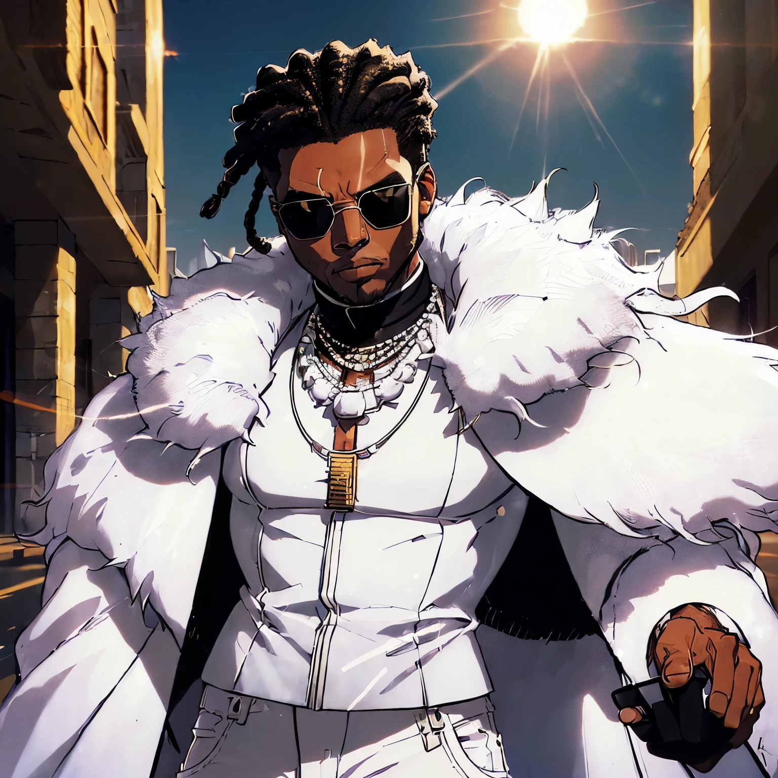 (30 years old male:1.4), (African ethnicity:1.4), (solo focus:1.4), (alone:1.1), black hair, dreadlock hairstyle, (white fur coat, sun glasses, necklace, black pants:1.4), athletic physique, 16K, HD, ultra quality image, extremely detailed, ultra quality eyes, mediums shots, (gym background), calm expressions