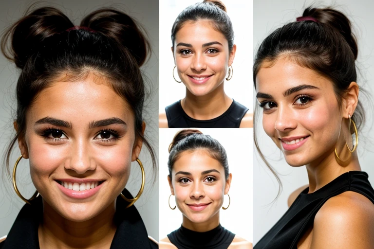 ((CHARACTER SHEET)), different face expretions, PHOTO REALISTIC, BEAUTIFUL GIRL, SMILING, DARK PONYTAIL 18K, BROWN EYES, INTENSE PROFESSIONAL STUDIO LIGHT((mejor calidad)), ((Obra maestra)), (detallado), cara perfecta