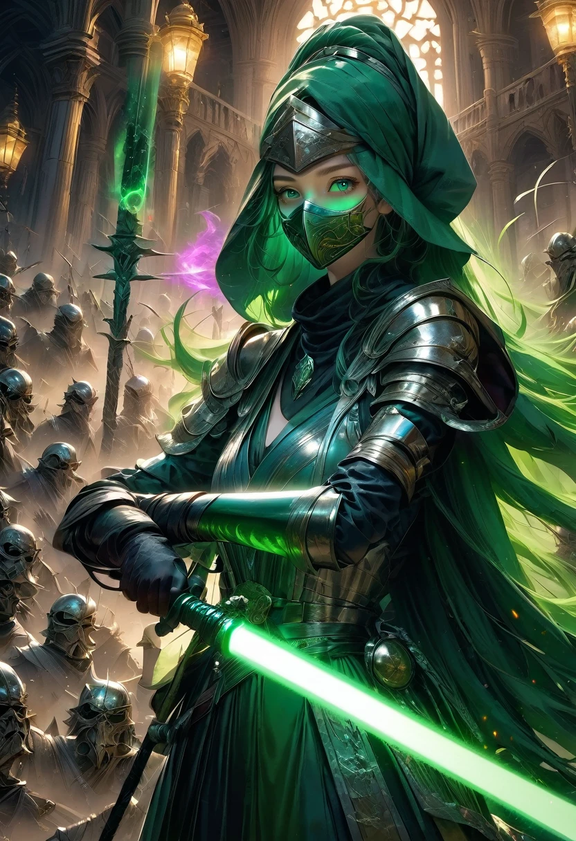 1girl, Swordsman, medieval plague doctors fighting plague infected abominations with dark green lightsabers holding them correctly like swords, green aura, Epic cinematic brilliant stunning intricate meticulously detailed dramatic atmospheric maximalist digital matte painting