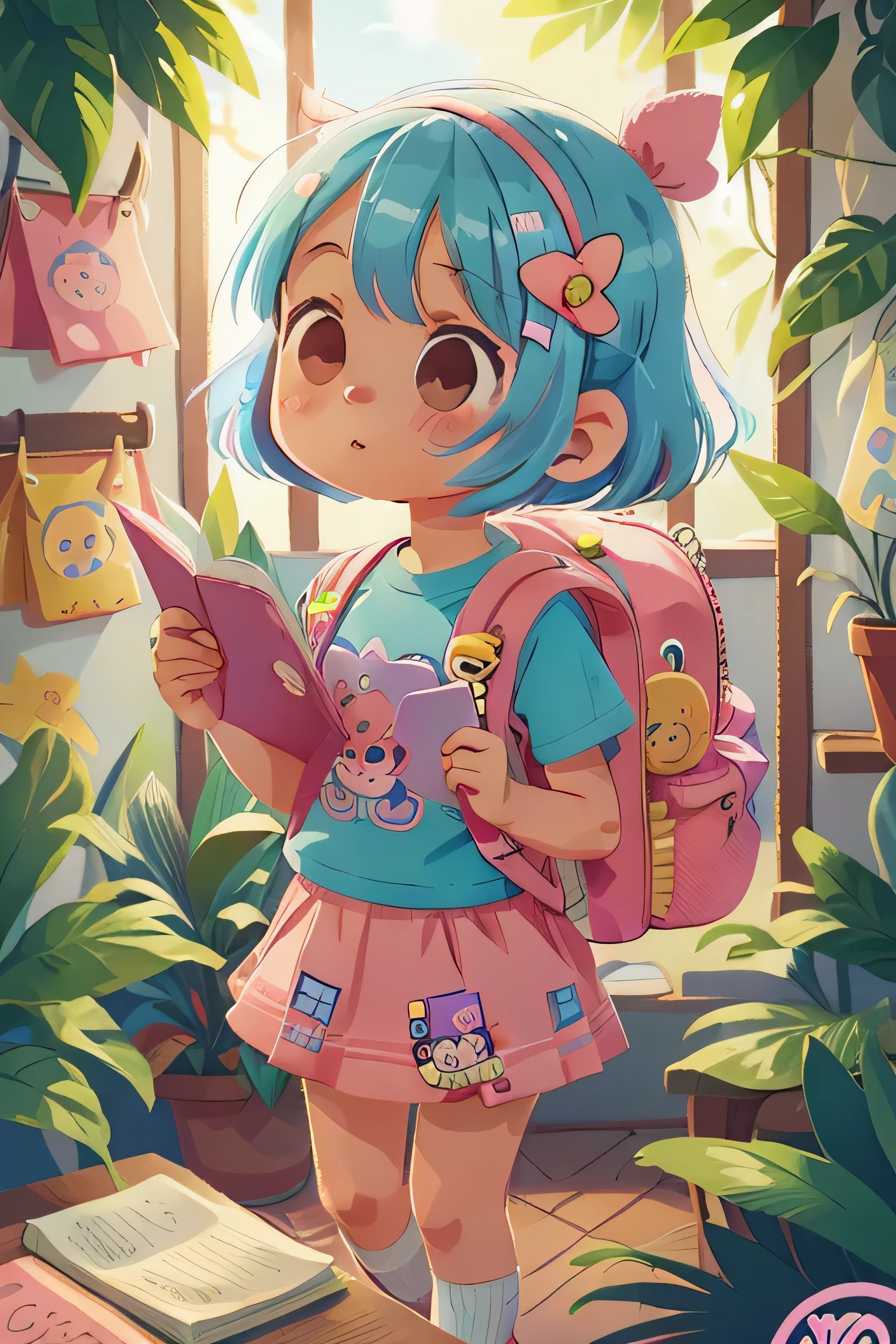 1 sticker, 1 girl, short pink and blue hair, design on her kawaii t-shirt, a kawaii backpack with many keychains and decorations, she wears a school skirt, she has a book and a soda in her hands, she is in a bookstore with many plants
