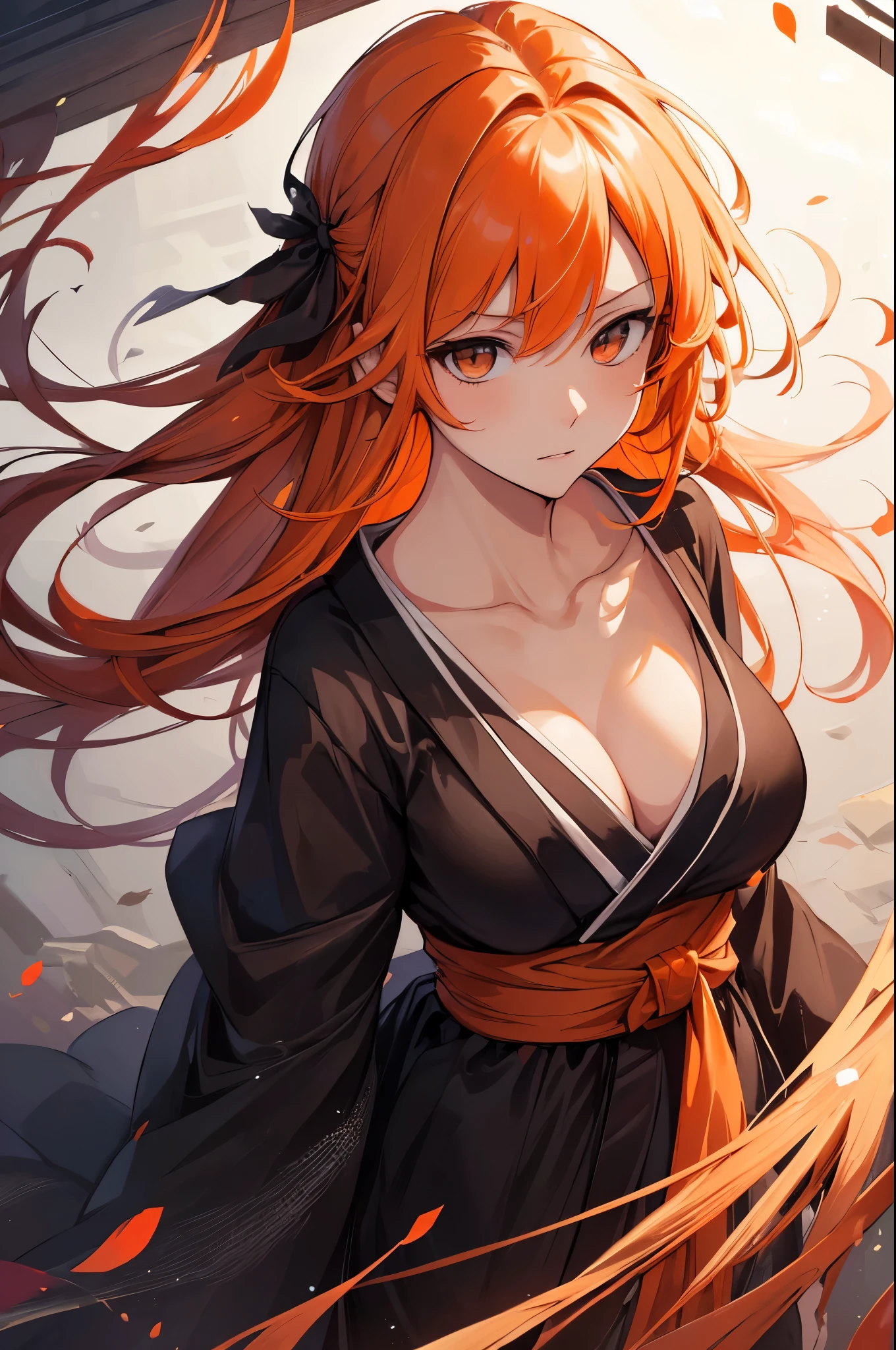 (masterpiece, best quality:1.2), expressive eyes, perfect face, highres, 1girl, solo, (female:1.5), kurosaki ichigo, long orange hair, brown eyes, japanese clothes, black kimono, standing, upper body, looking at viewer,
