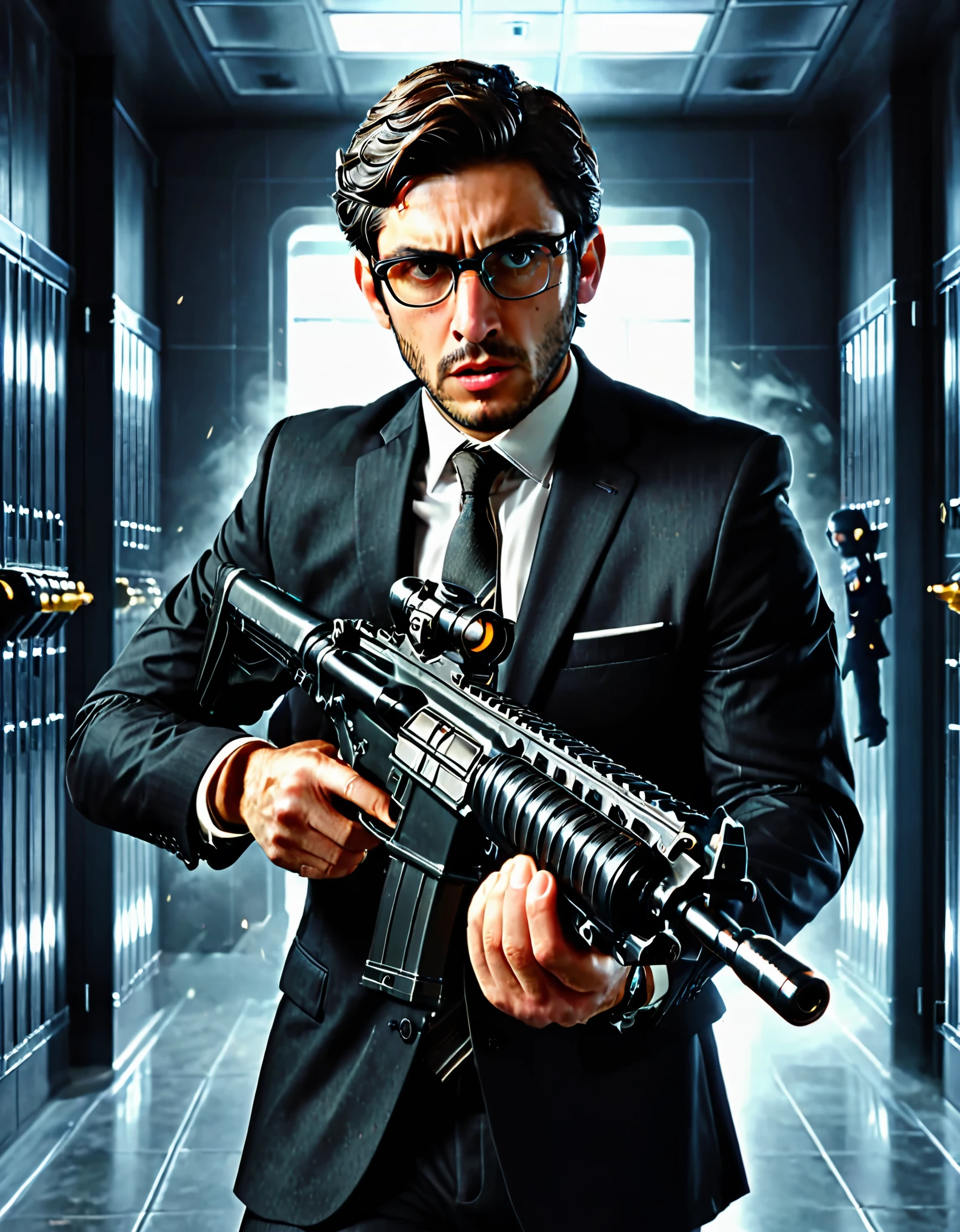 masterpiece, best quality, male focus, accountant, spanish, dark brown hair, short hair, wavy hair, dark brown eyes, glasses, three-piece black suit and tie, aiming and firing an assault rifle with a grenade launcher, bank vault backdrop, indoors, police shootout, clenched teeth, angry, atmosphere, standing