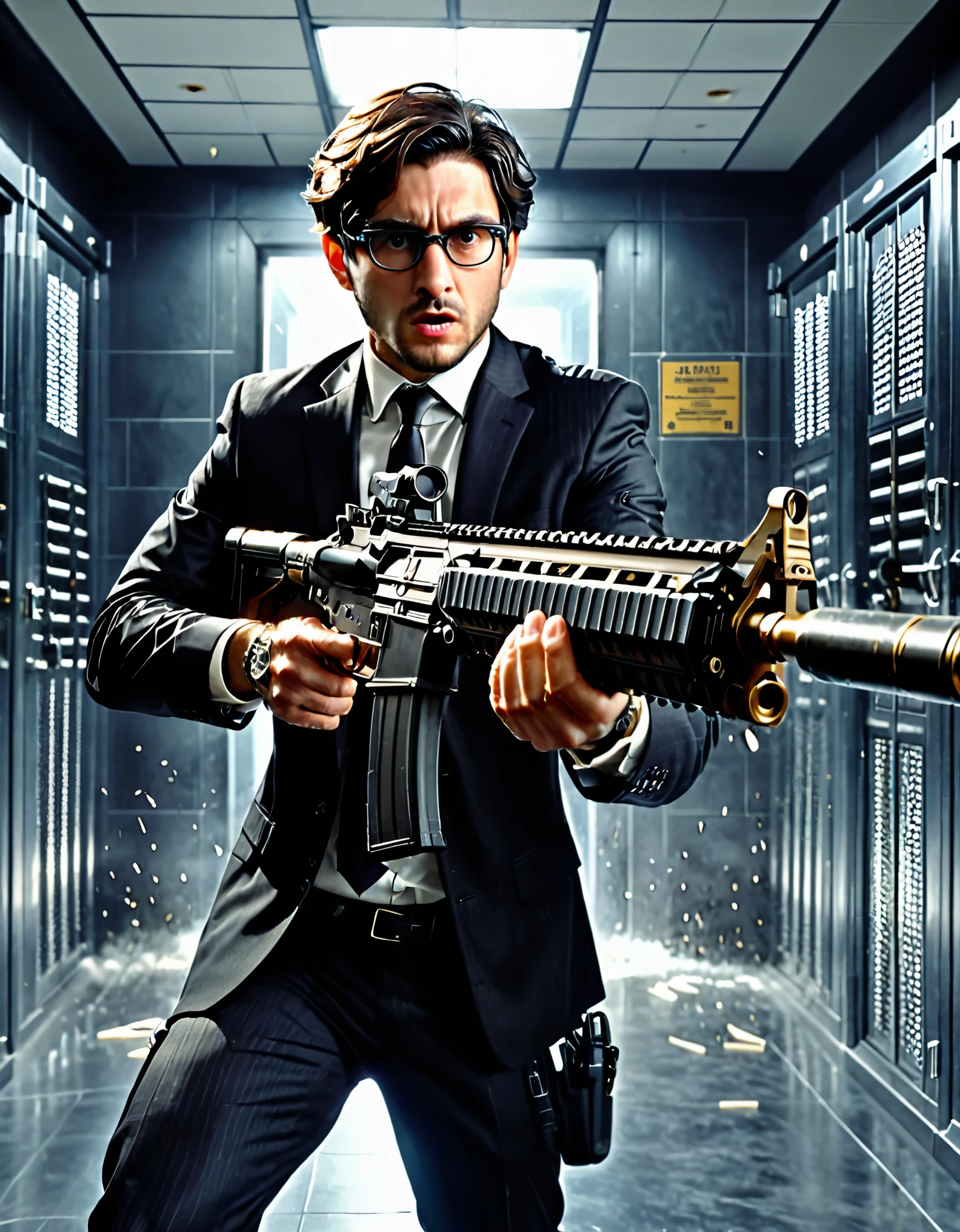 masterpiece, best quality, male focus, accountant, spanish, dark brown hair, short hair, wavy hair, dark brown eyes, glasses, three-piece black suit and tie, aiming and firing an assault rifle with a grenade launcher, bank vault backdrop, indoors, police shootout, clenched teeth, angry, atmosphere, standing