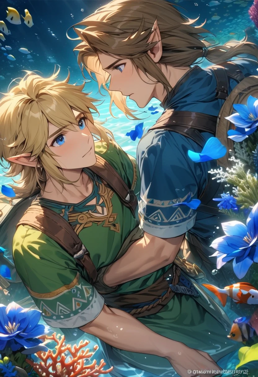 absurdres, highres, ultra detailed, HDR, master piece, best quality, Link, blond medium hair, expressive blue eyes, blue tunic, breath of the wild, the legend of zelda, twilight princess, Link, dark brown short hair, expressive dark blue eyes, green tunic, 2men together, gay couple, handsome, blue petals, underwater, blue lilies, coral, fish
