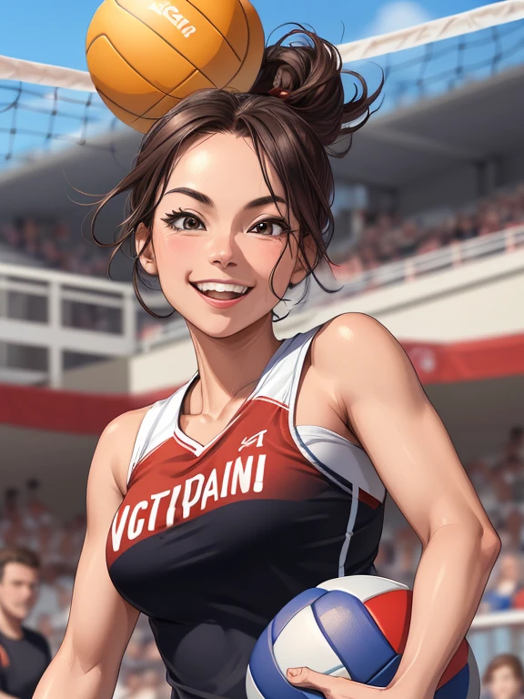 Female volleyball player, Olympic court, looking at viewer, smiling