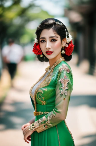 photography, woman, portrait of java wedding woman in green long kebaya dress traditional, red lipstick, golden necklace, earrings, ornate, detail, flowers, street background, soft focus, Breast cleavage, detail, slim body, (((full body))), eyes on camera, face on camera,