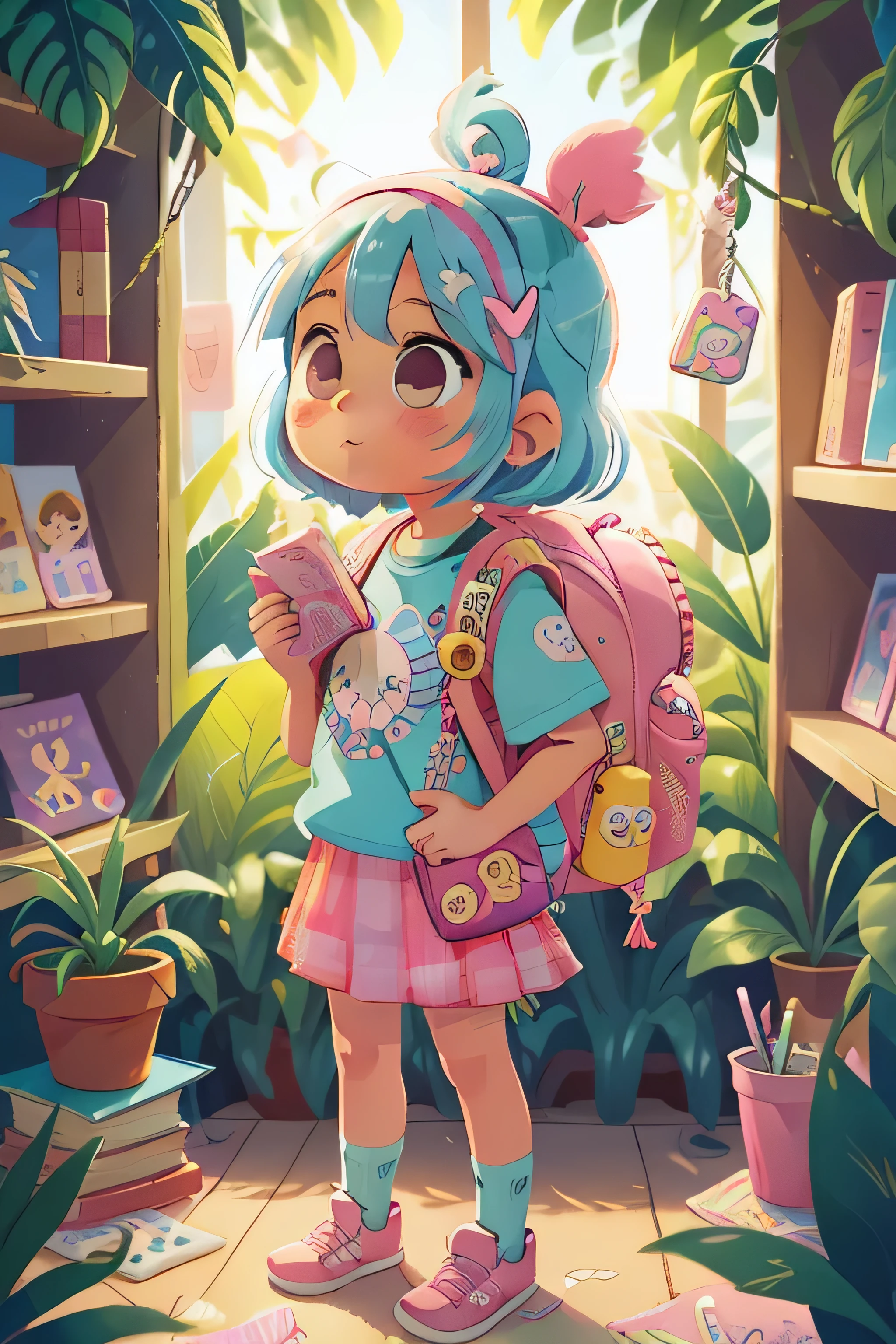 1 sticker, 1 girl, short pink and blue hair, design on her kawaii t-shirt, a kawaii backpack with many keychains and decorations, she wears a school skirt, she has a book and a soda in her hands, she is in a bookstore with many plants