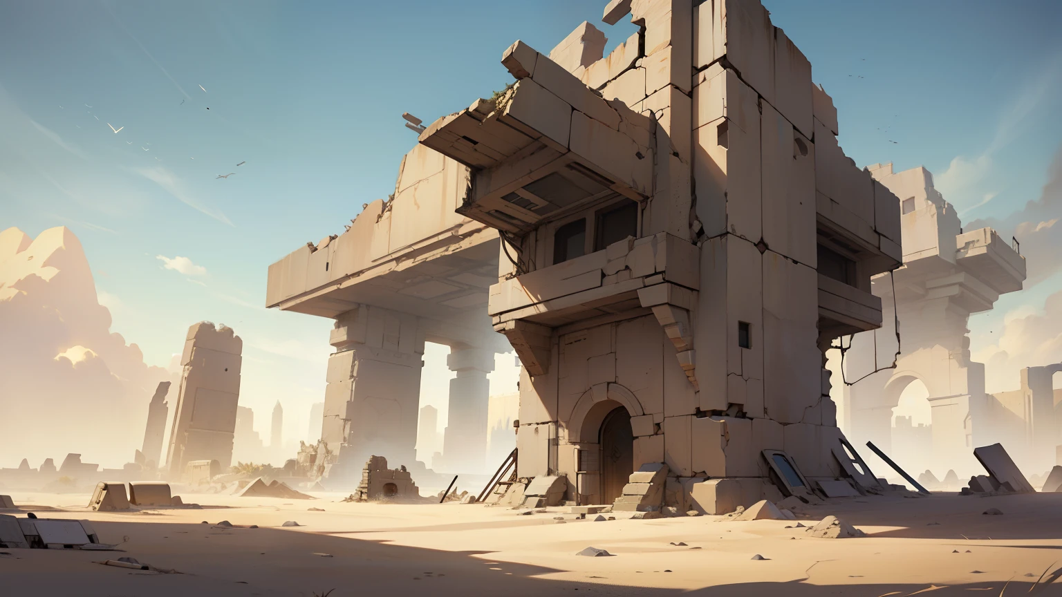 plowed building in the desert with sky background, epic cinematic concept art, unreal engine rendering concept art, futuristic ruins, futuristic estructures in ruins, Arquitetura de Guerra nas Estrelas, science fiction temple exterior, cinematic concept art, dramatic conceptual art, por Aleksander Gine, artes conceituais, arte conceitual impressionante, Bastien Grivet, antigo, mas futurista, ruined alien structures
