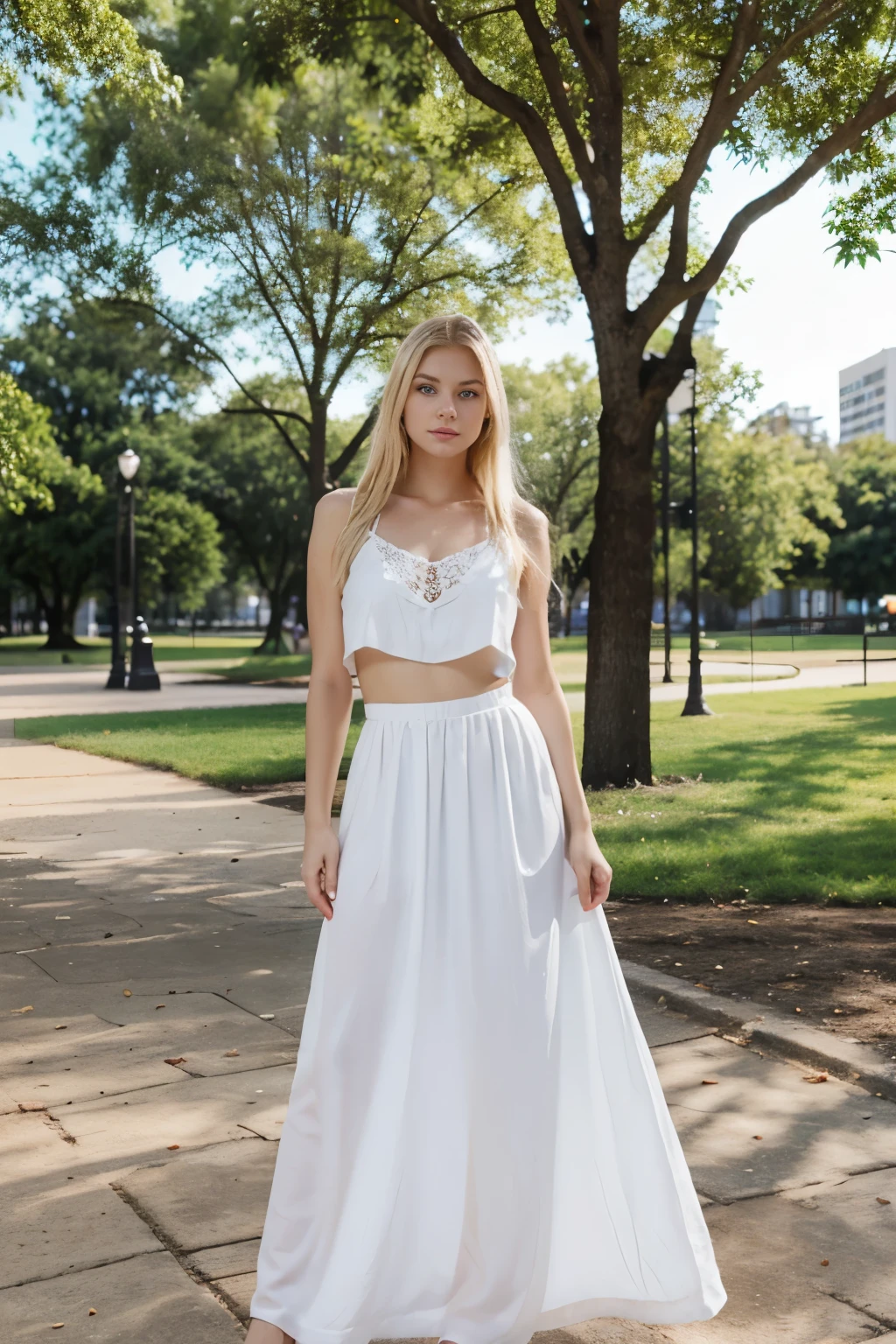 a blonde, slavic features, blue eyes, posing, wearing a two piece long white dress, at a park