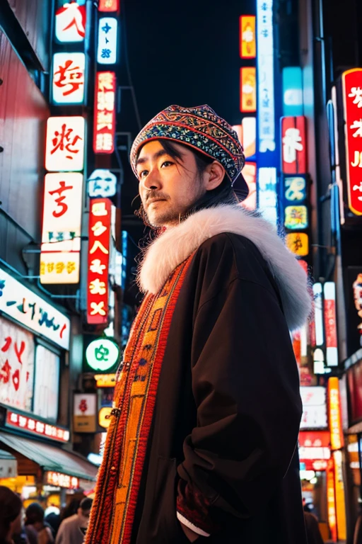 Nomad uncle ethnic hat against the backdrop of Tokyo's neon city