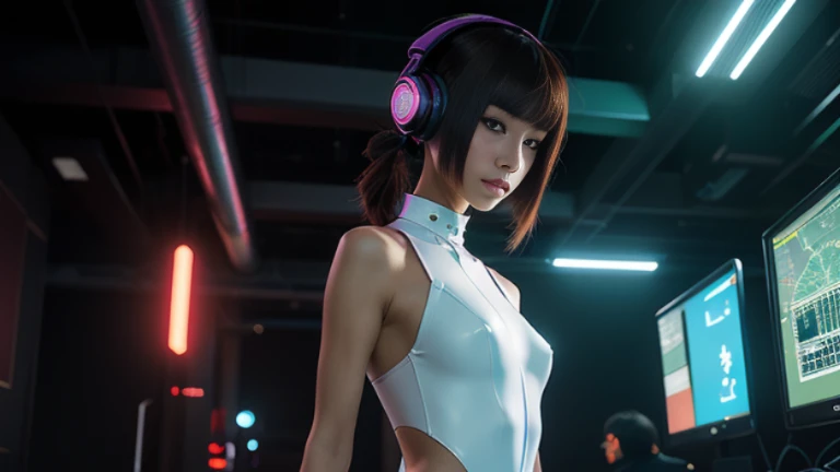 ((highest quality)), ((masterpiece)), ((Realistic)),High Contrast, 19 year old Japanese female model,((Beautiful female android)), Shoulder-length hair,Headphones,(Red Neon),(cyber punkの背景), 魅惑の笑face,((非常にdetailedな目)),Very detailed glowing eyes, ((thin)) ,Rubber bodysuit, ( White one piece swimsuit ) ((sexy )) ,Slender figure,textured pixie haircut (((detailedなキャラクターシート, Front view, ~ side面図, 3/4 Views))) (((cyber punkの背景))) Six and a half whole bodies,4K,UltraSharp,Multiple Views of the same character,Charterner v2, One girl, Slender figure, (Headphones),Brown Hair, Long Hair, Orange eyes, Same clothes, Concept Art, detailed_face, line_sketch, plan, Official Art, Official Alternative Costumes, Design style, multi style, detailed character, 4_~ side, original, 8K GC, massive detailed, Multiple Views of the same character, character, technical illustration, Multiple Views,masterpiece,highest quality(masterpiece, highest quality), 32k,(非常にdetailedな美しい女性), Future Anime,The ultimate map,highlight,Headphones,Very detailed glowing eyes,Cleavage,Complex patterns,Stylish hairstyle,fluorescence((White clothes)),cyber punk