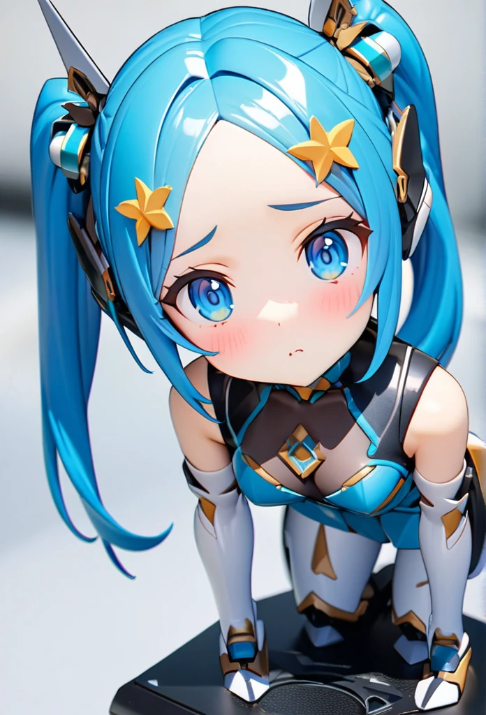High quality, high definition, high precision images,8k 1 Girl Robot figure,、Blue hair,Twin tails,blue eyes,Flying in the sky,Leaning forward Head decoration、With a spear,