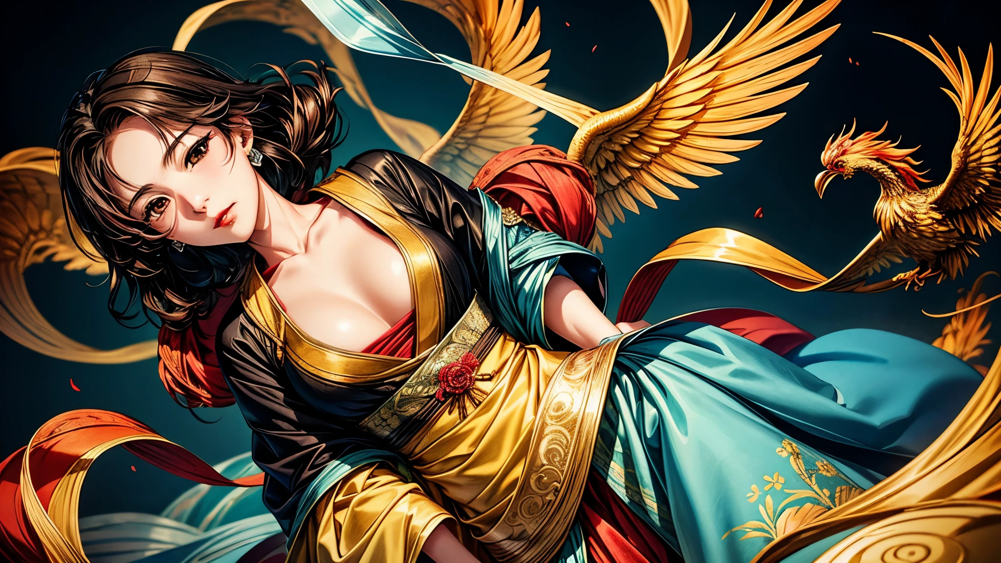 {{{{{illustration}}}}},author:Yuko Shimizu,1 Girl,Chinese Phoenix,Chinese Girl,female focus on, {{Colored ink drawing}},{{Ink splash}},{{Splash of Color}},{{{rich and colorful}}},{{sketch}}, masterpiece,best quality, Beautiful painting,Very detailed,