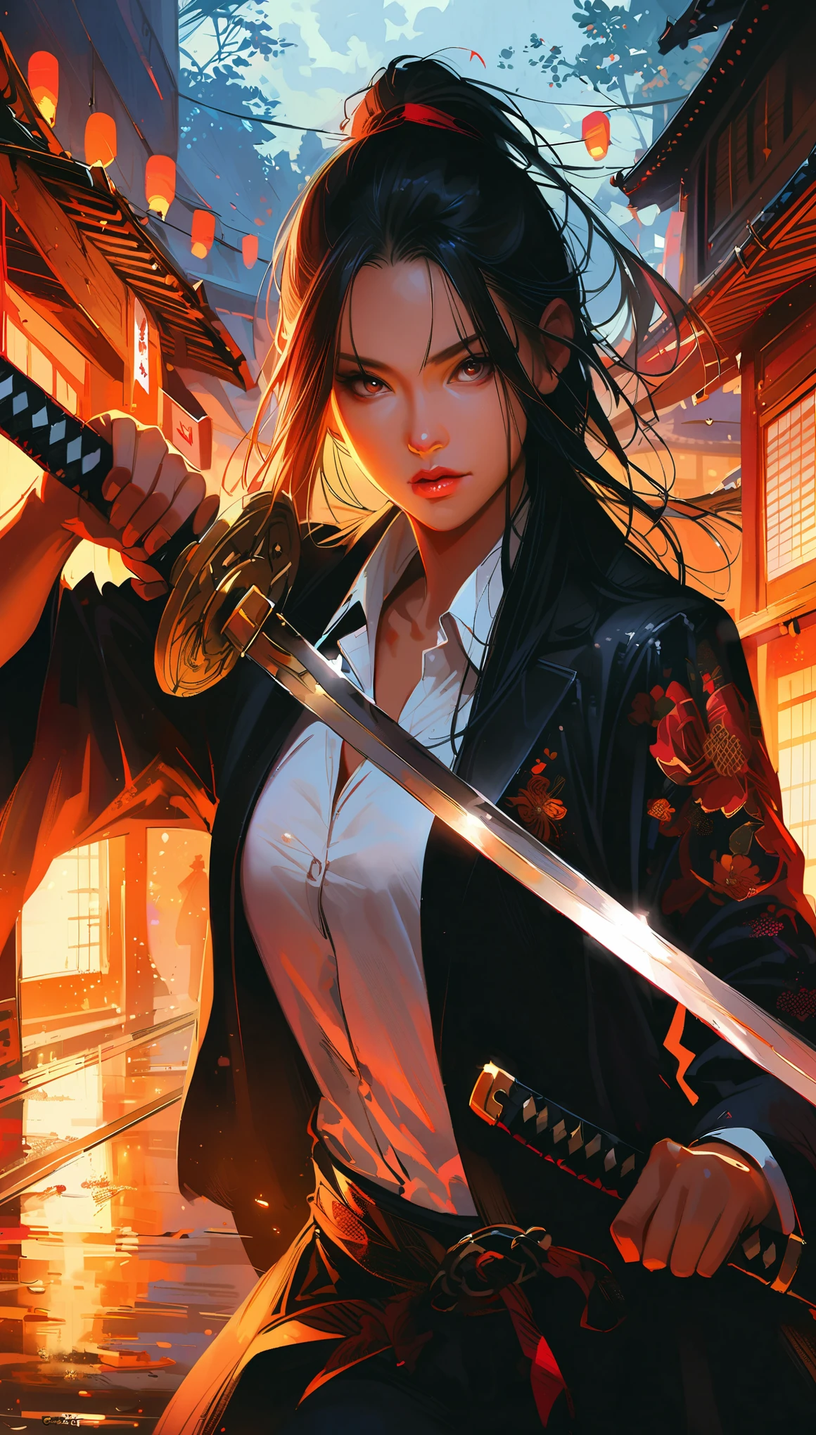 realistic, 1girl, wide portrait, beautiful japanese girl, yakuza tattoo on body, she hold katana sword near face, shining metal, eyes reflection from sword metal, white shirt and elegant black suit, elegant assassin, female swordman, Low-key lighting Style, katana,