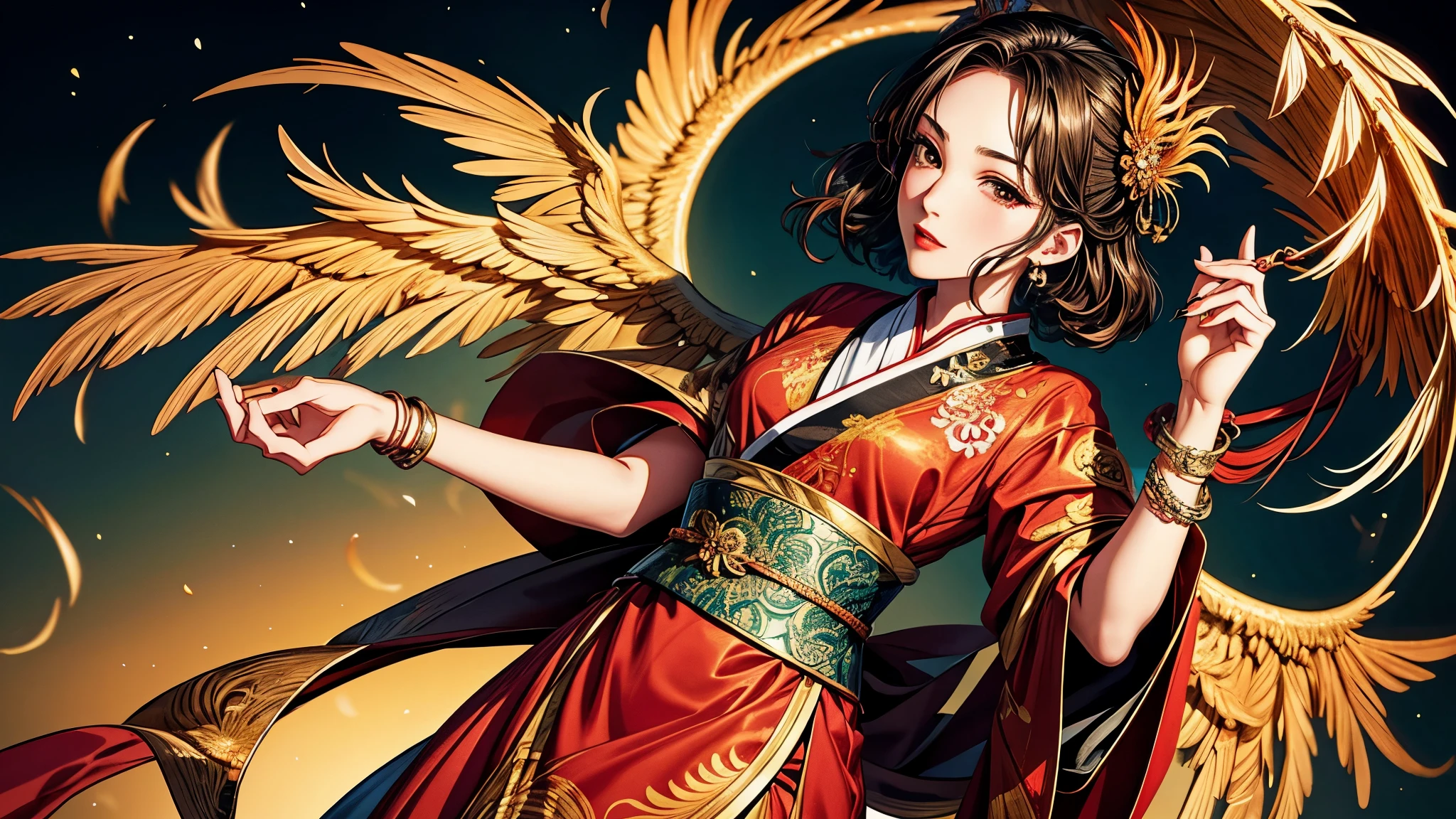 {{{{{illustration}}}}},author:Yuko Shimizu,1 Girl,Chinese Phoenix,Chinese Girl,female focus on, {{Colored ink drawing}},{{Ink splash}},{{Splash of Color}},{{{rich and colorful}}},{{sketch}}, masterpiece,best quality, Beautiful painting,Very detailed,