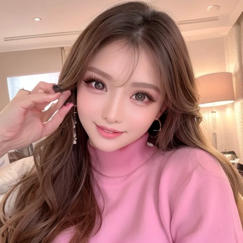 ((highest quality, Tabletop, Ultra-high resolution、The most complex and detailed depiction))、(Dim lighting:1.1)、(Cute loungewear)、(Beautiful woman:1.1)、(Long Wavy Hair:1.05), (Accurate anatomy:1.1)、(So that your whole body is visible) Color Contact Lenses、Perfect Makeup、Natural Lip、Highly saturated eyeshadow、blurred background, look at me and smile、Luxury Room、To be able to see the whole body、(Ultra-high resolution光沢, Fair skin:1.1)、Ultra-high resolutionの顔、Ultra-high resolutionの髪、Ultra-high resolution sparkling eyes、Ultra-high resolution glossy lips、(Brightly lit white skin:1.1)、Beautiful face drawn in every detail、Ultra-high resolution perfect beautiful teeth、(bright and vivid:1.1),