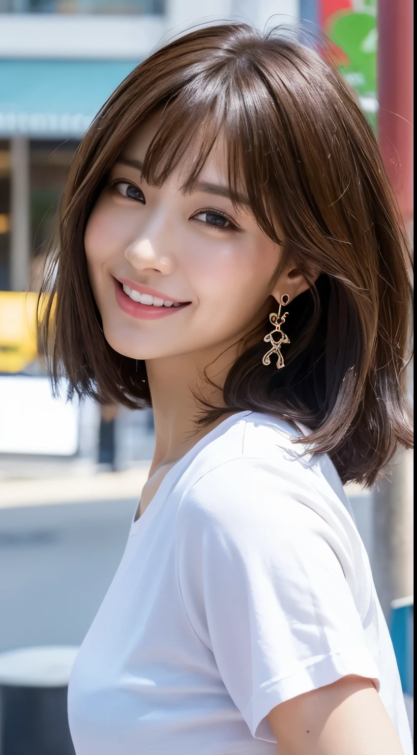 (8K、Raw photography、top-quality、masuter piece:1.2)、ultra-detailliert、ultra res、(realisitic、rialistic photo:1.37)、portlate、high-definition RAW color photography、Professional Photography、highly detailed and beautiful、ighly detailed、8K Picture Wallpaper、amazing detailed、huge filesize、Official art、Highly detailed CG Unity 8K wallpapers、highly detailed beautiful girl、extra detailed face、extremely detailed eye、highlydetailed skin、extremely detailed fingers、highly detailed nose、very detailed detailed mouth、Perfect Anatomy、highly detailed back ground、Highly detailed clothing、1 girl、(18:1.2)、、Cute s、famous Japan idol、cute little、Realistic body、、de pele branca、glistning skin、Slim body、Handsome body、brown haired、short constricted curly hair、(Blunt bangs:1.2)、A smile、kawaii、zora々Right、kawaii faces、Lifelike face、Delicat eyes、Sauce order、White T-shirt、skirt by the、earrings、Looking at the camera、cowboy shot、front facing、Standing、Contrapo, high street, public, Dynamic Lighting,short-hair、bobhair、shorth hair