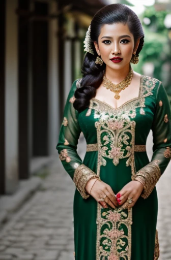photography, woman, portrait of java wedding woman in green long kebaya dress traditional, red lipstick, golden necklace, earrings, ornate, detail, flowers, street background, soft focus, Breast cleavage, detail, slim body, (((full body))), eyes on camera, face on camera,