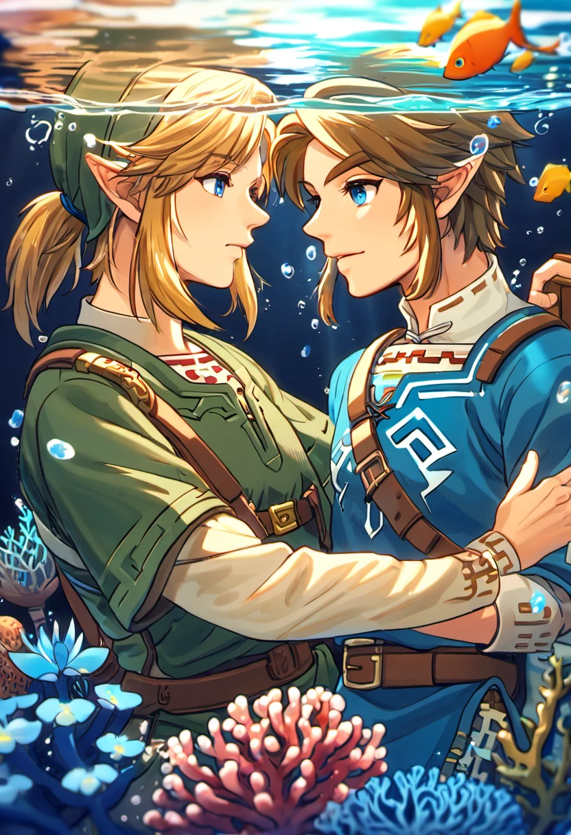 absurdres, highres, ultra detailed, HDR, master piece, best quality, Link, blond medium hair, expressive blue eyes, blue tunic, breath of the wild, the legend of zelda, twilight princess, Link, dark brown short hair, expressive dark blue eyes, green tunic, 2men together, gay couple, handsome, blue petals, underwater, blue lilies, coral, fish