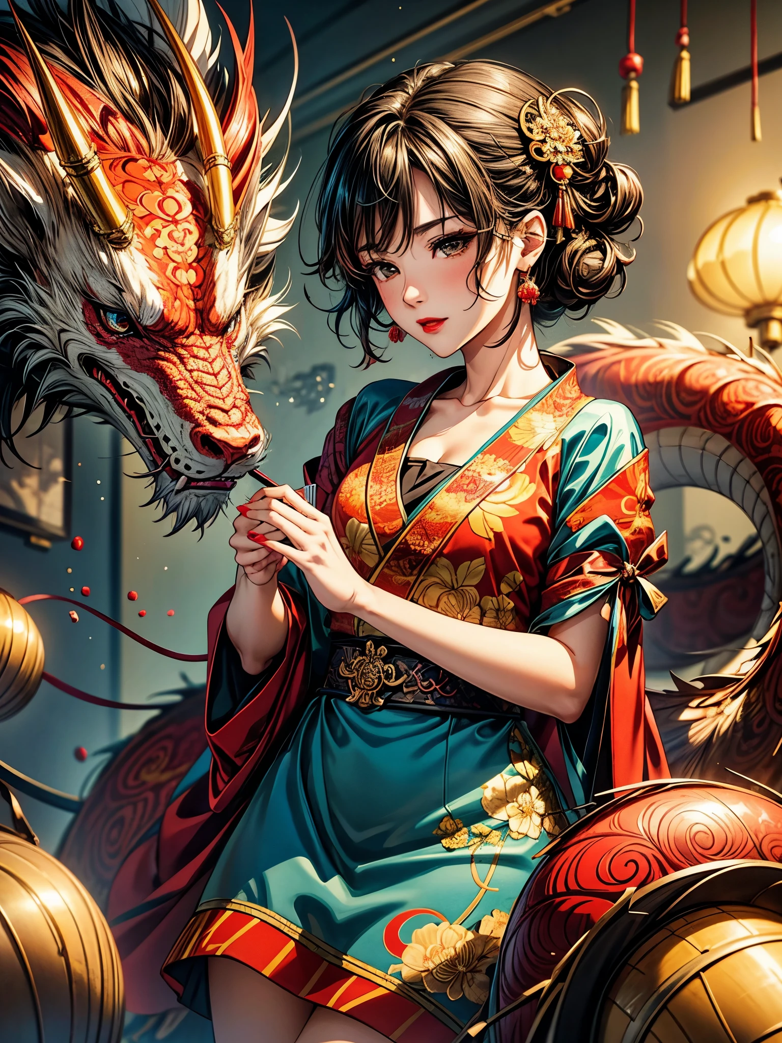{{{{{illustration}}}}},author:Yuko Shimizu,1 Girl,Chinese dragon,Chinese Girl,female focus on, {{Colored ink drawing}},{{Ink splash}},{{Splash of Color}},{{{rich and colorful}}},{{sketch}}, masterpiece,best quality, Beautiful painting,Very detailed,