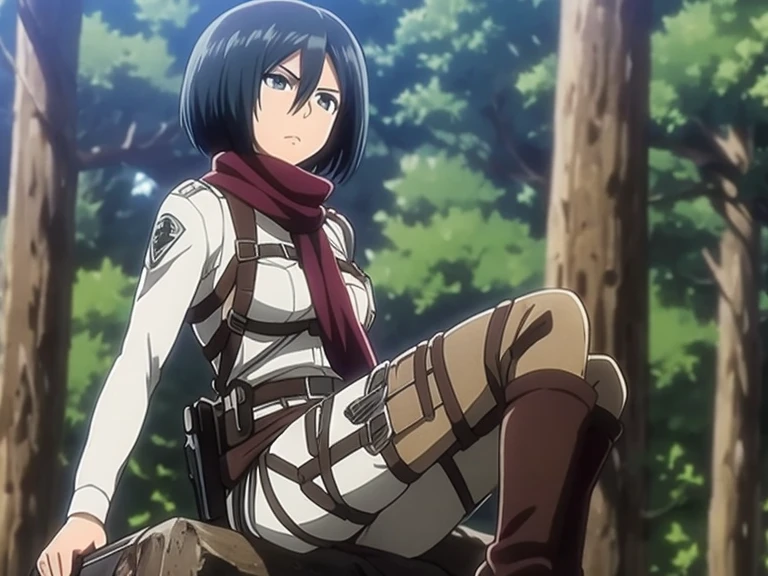 aot style, shingeki no kyojin, mikasa ackerman, 1girl, solo, sitting on a tree, posing sexy, whole body, bangs, black hair, bare legs stretched, bare feet, breasts, cowboy shot, embers, green eyes, grey background, hair between eyes, harness, white shirt, looking at viewer, medium breasts, panties, red scarf, scarf, shirt, short hair, thigh strap, white shirt, ((masterpiece)), best quality,