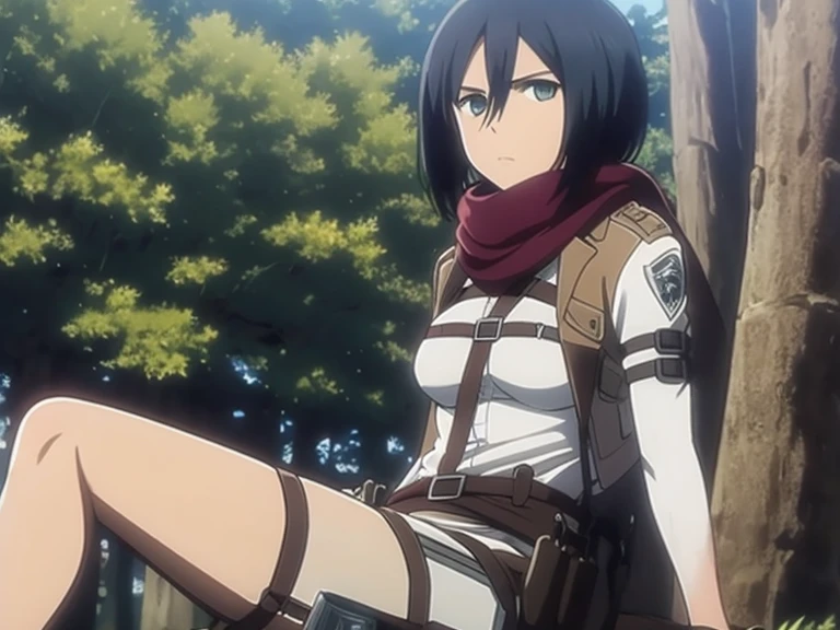 aot style, shingeki no kyojin, mikasa ackerman, 1girl, solo, sitting on a tree, posing sexy, whole body, bangs, black hair, bare legs stretched, bare feet, breasts, cowboy shot, embers, green eyes, grey background, hair between eyes, harness, white shirt, looking at viewer, medium breasts, panties, red scarf, scarf, shirt, short hair, thigh strap, white shirt, ((masterpiece)), best quality, 