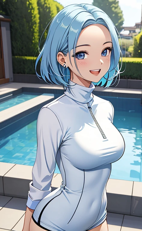 (masterpiece:1.4、top-quality、illustration:1.4,realistic、)、(character focus、breast focus,upper body)、(1girl),(Open mouth happy grin:1.3),(half closed eyes),cute face,blue eyes、()、
,(stand:1.4),(Shining smile),
,(slender),(turtleneck holder zipper white swimshort shorts:1.3),(long blue hair:1.6,forehead:1.2), (Large breasts。:1.3)、
、slender、pool,、