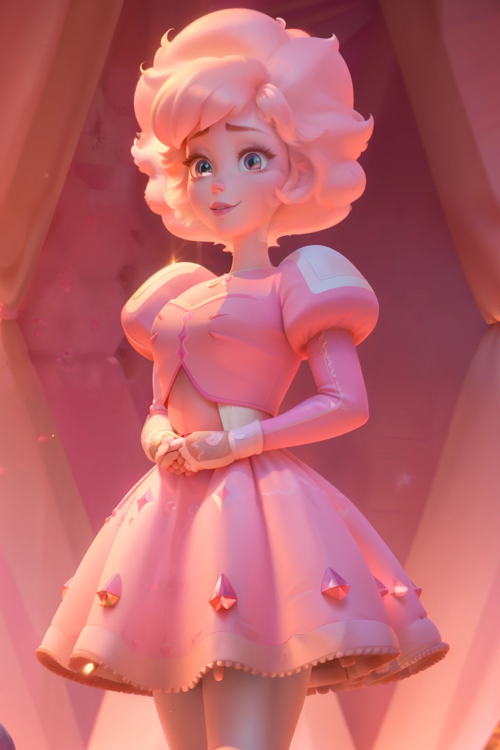 pnkdamond, pink hair, pink eyes, big hair, stomach gem, pink skin, toned,
puffy short sleeves, elbow gloves , white thighhighs, puffy dress,
standing, upper body,
outerspace,
(insanely detailed, beautiful detailed face,beautiful detailed eyes, masterpiece, best quality) cinematic lighting, smile,