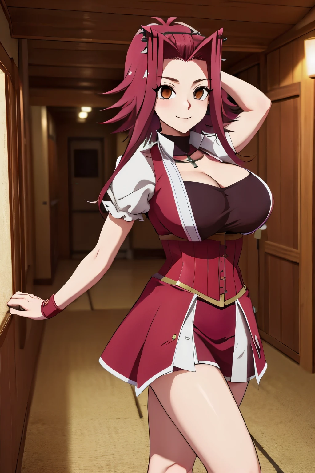 Izayoi Aki, Standing split, empty eyes, smile, big breasts, precise hands, short crimson skirt, red and black corse, anime style