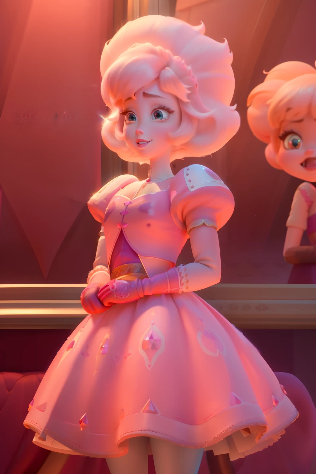 pnkdamond, pink hair, pink eyes, big hair, stomach gem, pink skin, toned,
puffy short sleeves, elbow gloves , white thighhighs, puffy dress,
standing, upper body,
outerspace,
(insanely detailed, beautiful detailed face,beautiful detailed eyes, masterpiece, best quality) cinematic lighting, smile,
