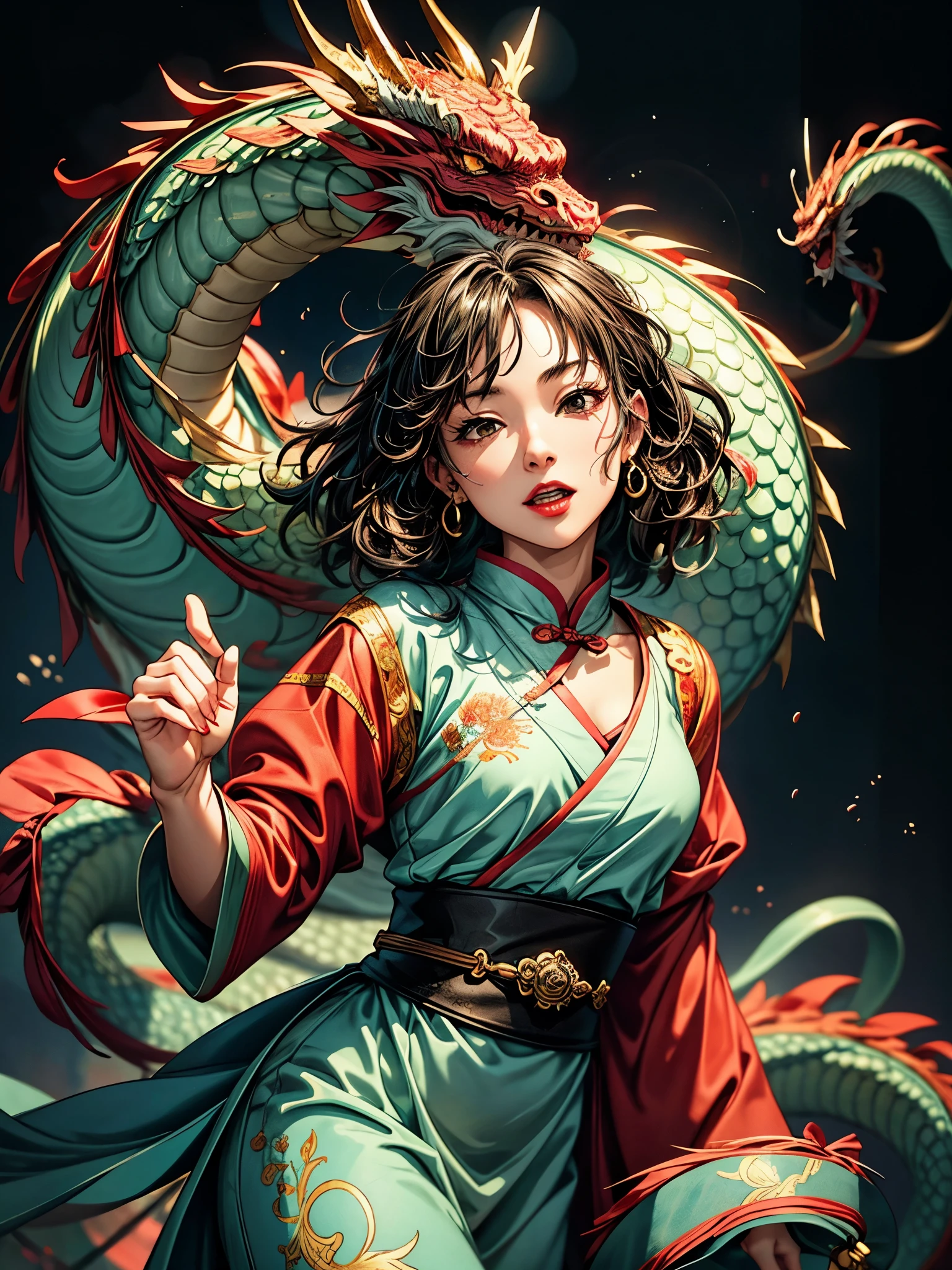 {{{{{illustration}}}}},author:Yuko Shimizu,1 Girl,Chinese dragon,Chinese Girl,female focus on, {{Colored ink drawing}},{{Ink splash}},{{Splash of Color}},{{{rich and colorful}}},{{sketch}}, masterpiece,best quality, Beautiful painting,Very detailed,