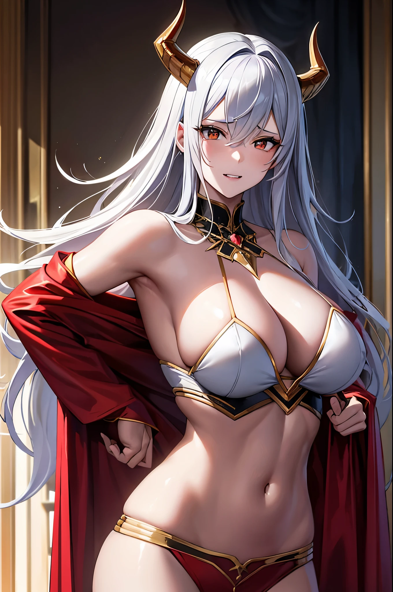 8k、豪華なWhite shirt,Red and silver jacketを身に着けた妖艶なサキュバス.,so beautiful(Like the real thing)、gorgeous red and black pants,Women of Araphedo、Beautiful wavy silver hair、big breasts、5d cgi anime Fantasy artwork、Fan Art Mayo Art Station、デジタルFantasy art)、Big blow Loss Draw、壮大なFantasy artスタイル、Beautiful Succubus、charm、Beautiful fangs、Looking at the audience、Captivating Gaze、masterpiece,masterpiece,Photorealistic RAW photos of the highest quality。Bright colors,Rich colors, Backlight, Cinema Lighting, Film Grain, 50mm lens, Nikon D850,Realistic Skin,Fantasy art,Character Art,Ultra-high resolution,Realistic scale skins,Goddess of Evil,Horns of the Evil God,A muscular and slender macho man,Golden Eyes(Golden Glitter Effect),My abdominal muscles are severely torn(超Realistic Skin),smile,White shirt,Red and silver jacket,Dynamic action poses,Grim expression,karate,Battle Scenes,battlefield,
