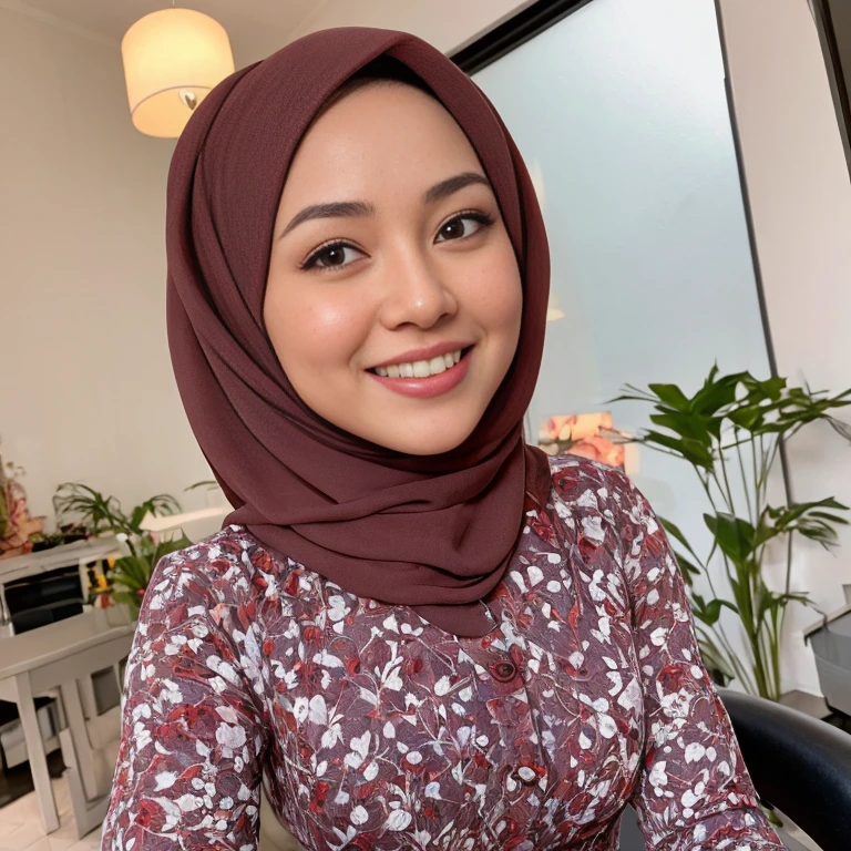 Masterpiece:1.2, high quality, best quality, high resolution, detailed, hyper realistic, 1 malay girl, Mira filzah actress Malaysia face, wear baju kurung satin, bright short white hair, Shaggy Bob Haircut with Bangs, brown eyes, head tilt, sunset, birds flying, strawberry plant, Portrait, smile, showing teeth, (detailed face), ((sharp focus)), ((face)), upper body, big breast, mid shot portrait,