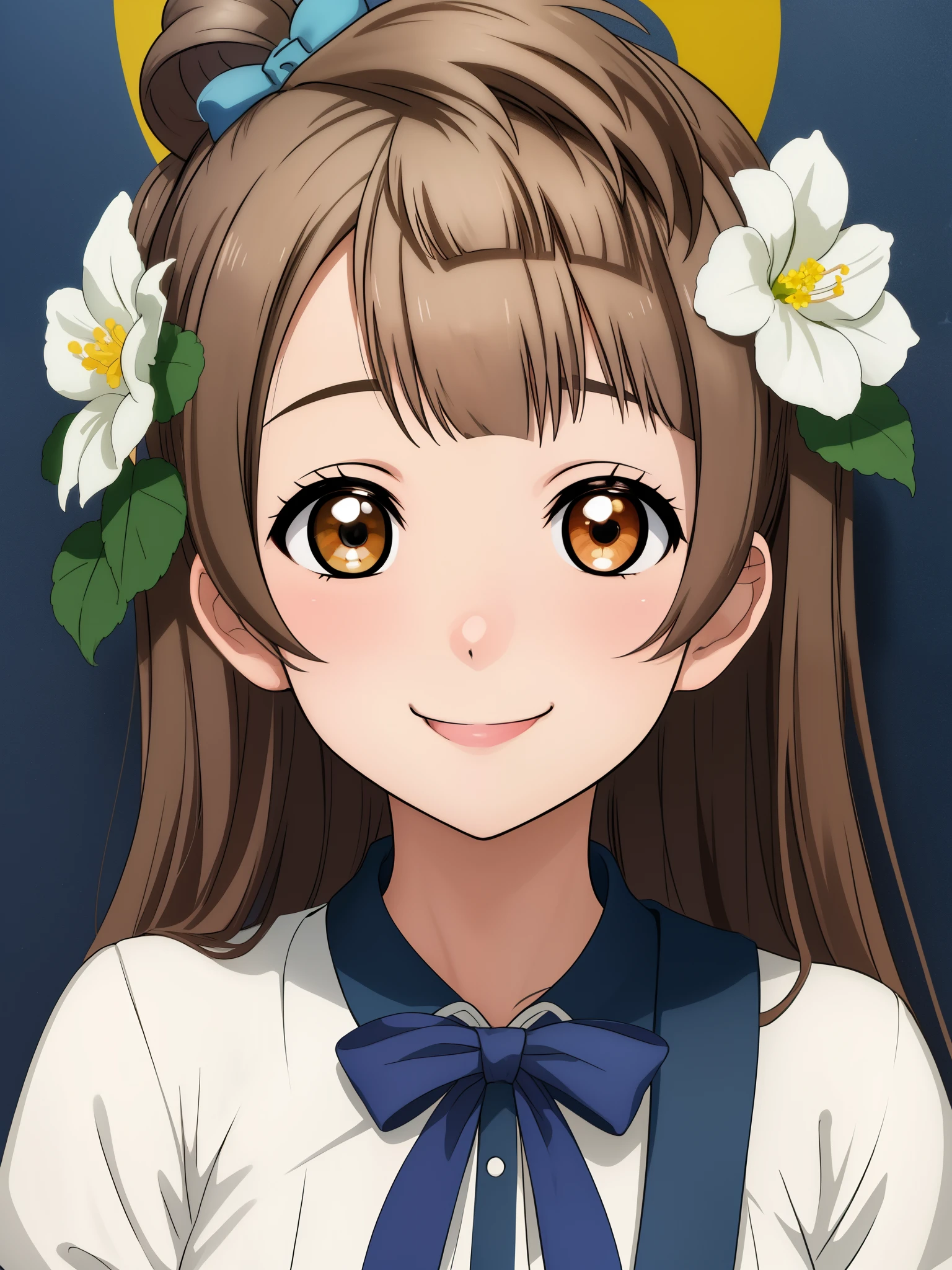 Masterpiece, best quality, (detailed face),solo, minami kotori, smile,  upper_body, flower, closed mouth 