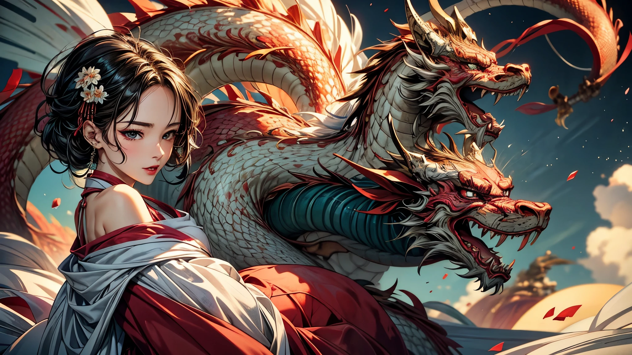 {{{{{illustration}}}}},author:Yuko Shimizu,1 Girl,Chinese dragon,Chinese Girl,female focus on, {{Colored ink drawing}},{{Ink splash}},{{Splash of Color}},{{{rich and colorful}}},{{sketch}}, masterpiece,best quality, Beautiful painting,Very detailed,