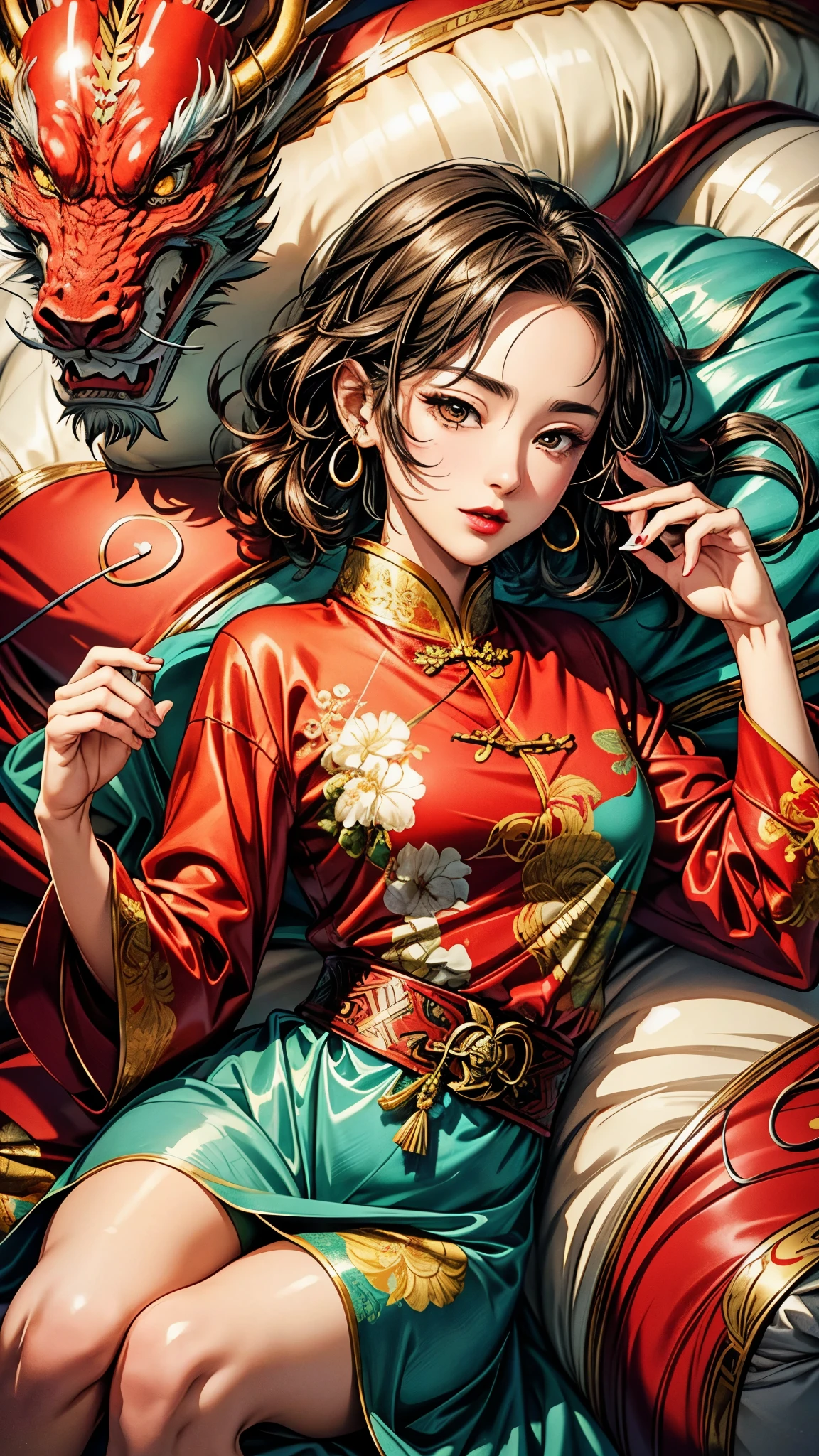 {{{{{illustration}}}}},author:Yuko Shimizu,1 Girl,Chinese dragon,Chinese Girl,female focus on, {{Colored ink drawing}},{{Ink splash}},{{Splash of Color}},{{{rich and colorful}}},{{sketch}}, masterpiece,best quality, Beautiful painting,Very detailed,