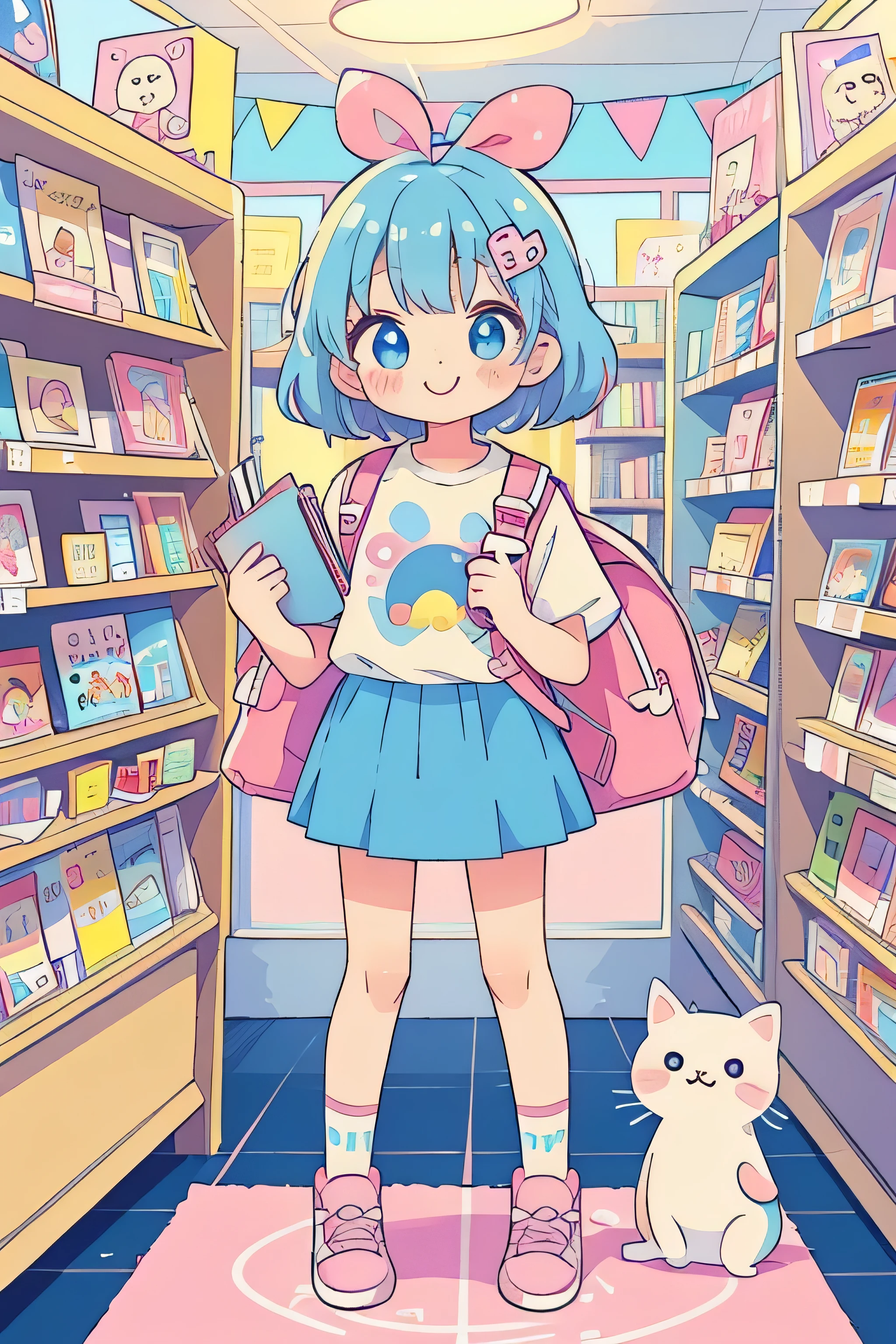 1 girl, short pink and blue hair, design on her t-shirt kawaii, stickers on her face, a kawaii backpack with many keychains and decorations, wears a school skirt, has a book and a soda in her hands, is in a bookstore with many floors, kawaiitech, pastel colors, kawaii, cute colors, rainbow, smile