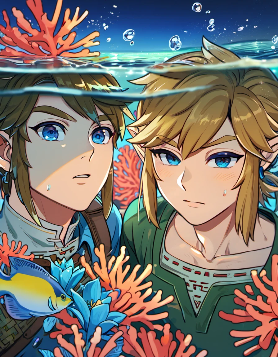 absurdres, highres, ultra detailed, HDR, master piece, best quality, Link, blond medium hair, expressive blue eyes, blue tunic, breath of the wild, the legend of zelda, twilight princess, Link, dark brown short hair, expressive dark blue eyes, green tunic, 2men together, gay couple, handsome, blue petals, underwater, blue lilies, coral, fish